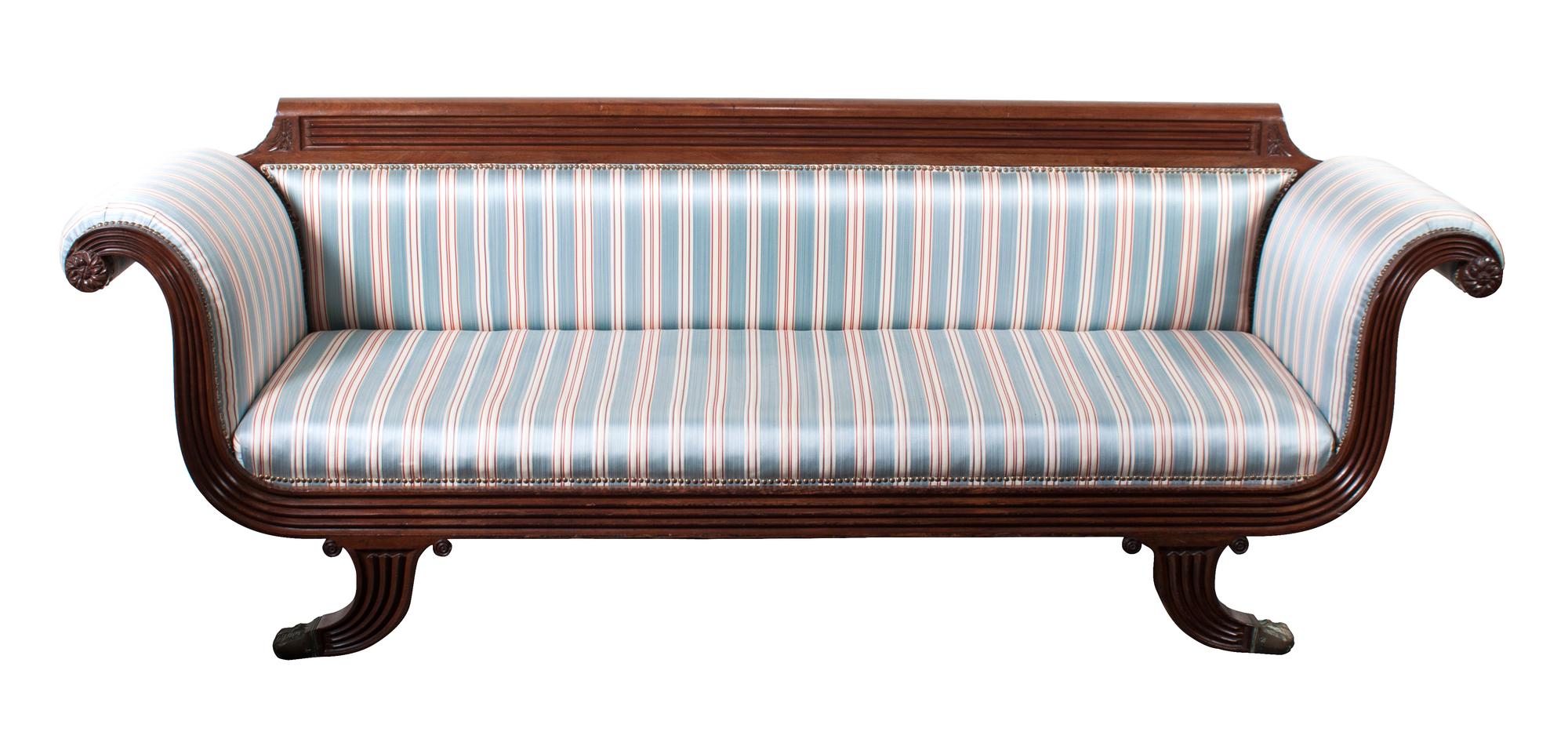 A Duncan Phyfe Style Sofa Height 36 x width 99 x depth 26 inches.