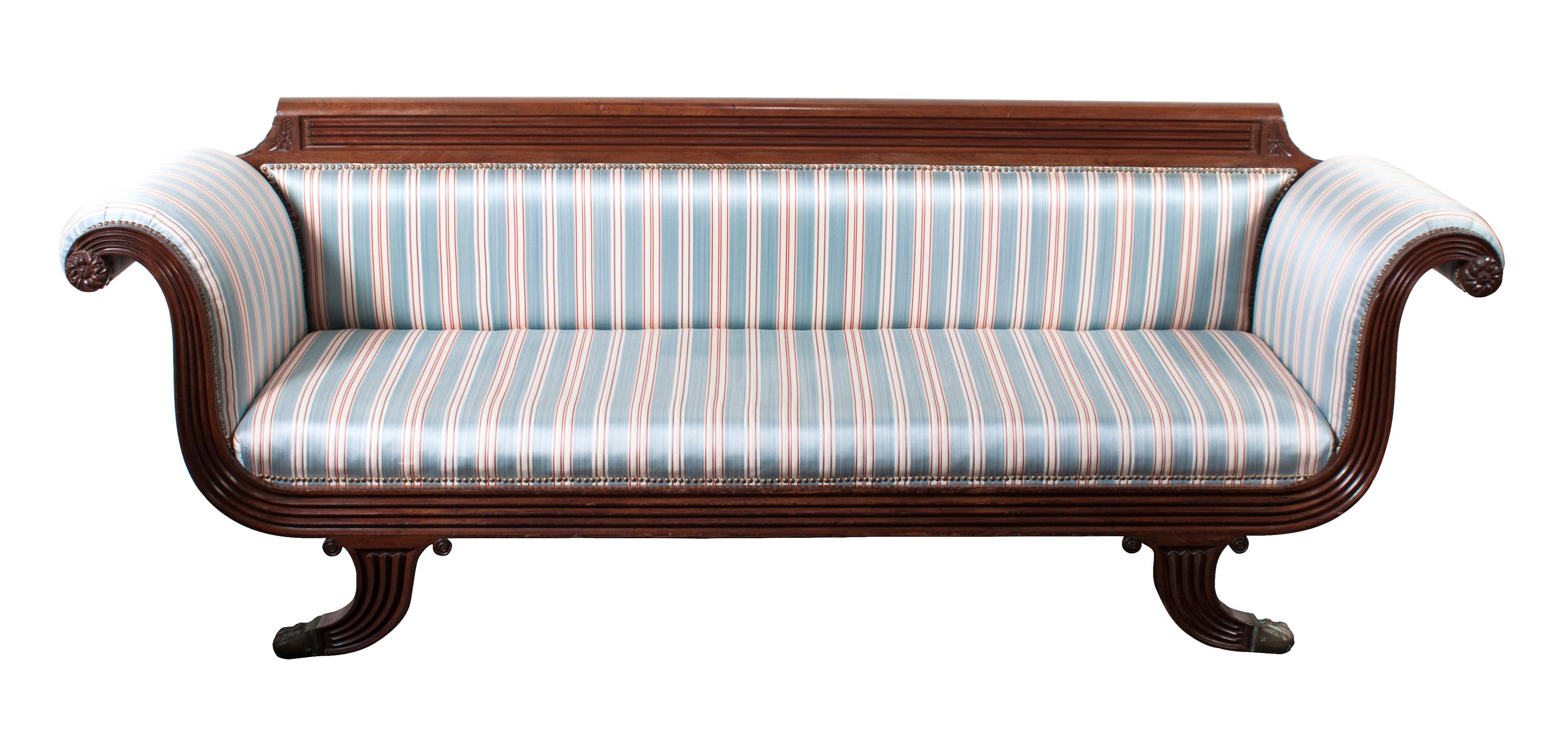 A Duncan Phyfe Style Sofa Height 36 x width 99 x depth 26 inches.