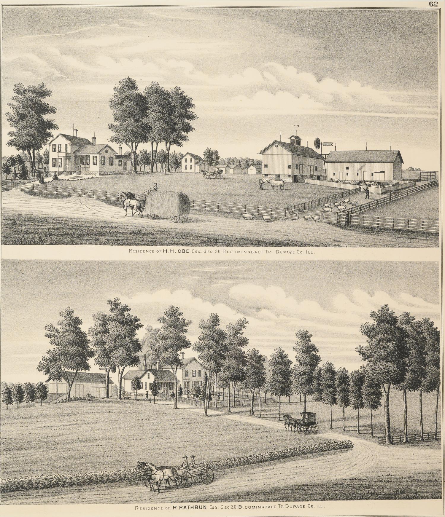 Printed City Views and Farm Scenes of Bloomingdale and Dupage County, Ill. N.p.: N.d. 23 x 21 In. Matted and framed.