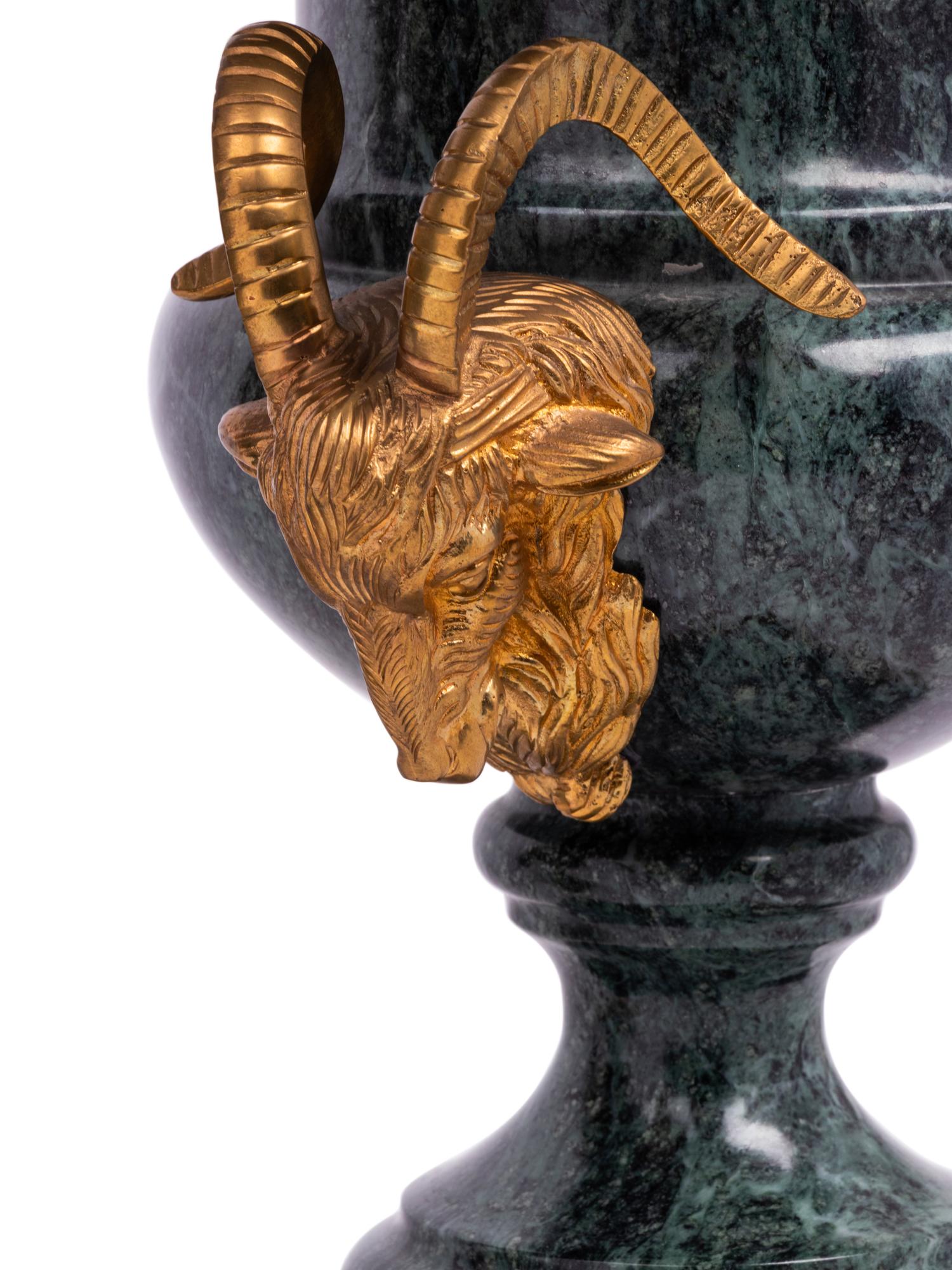 A Pair of Neoclassical Style Gilt Metal Mounted Marble Campagna-Form Urns