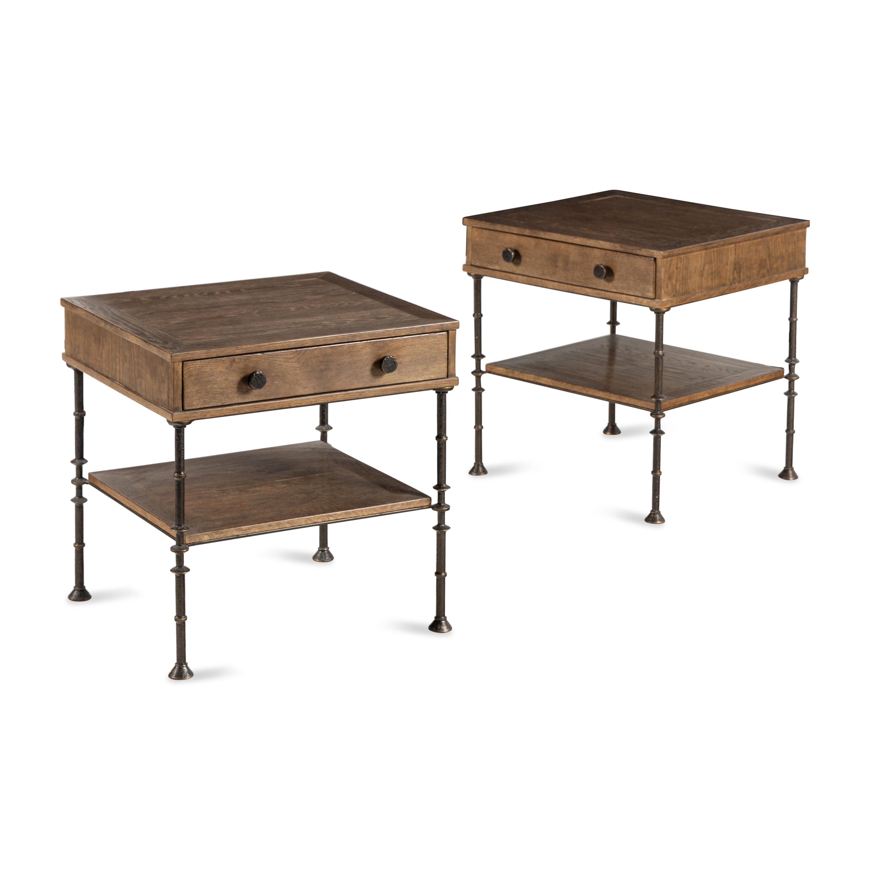 A Pair of Walnut and Steel Side Tables