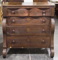 An American Empire Mahogany Chest of Drawers Height 45 x width 43 1/2 x depth 21 inches.