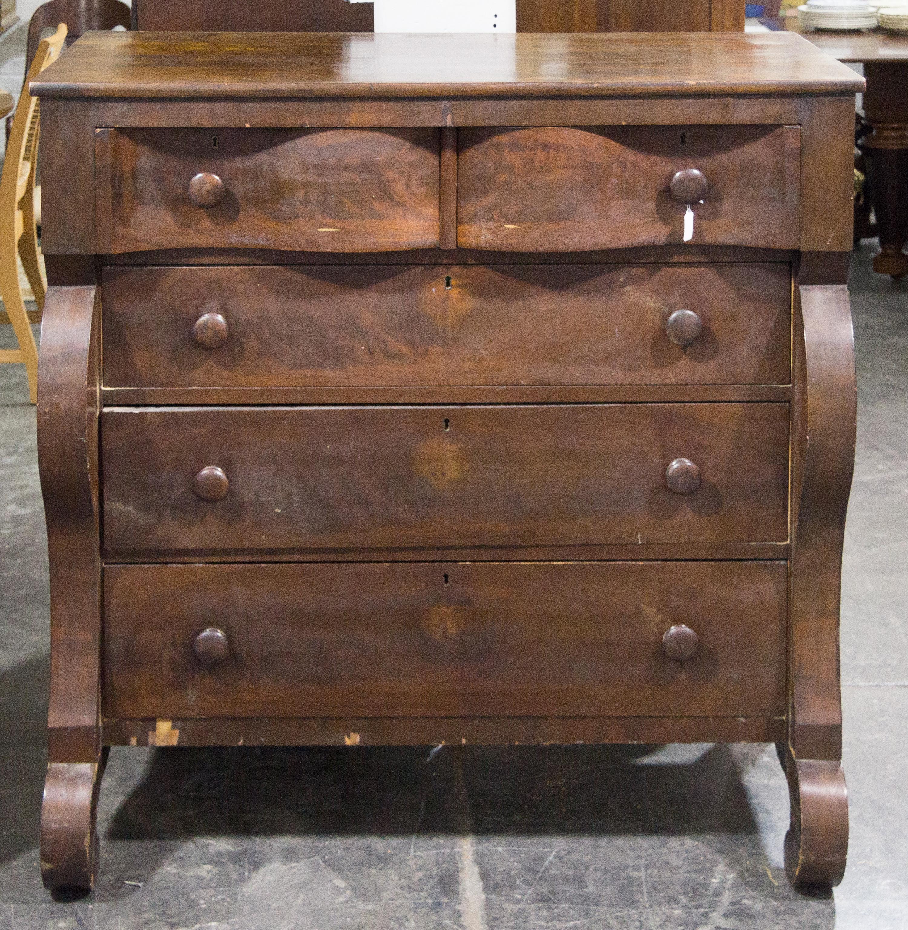 An American Empire Mahogany Chest of Drawers Height 45 x width 43 1/2 x depth 21 inches.