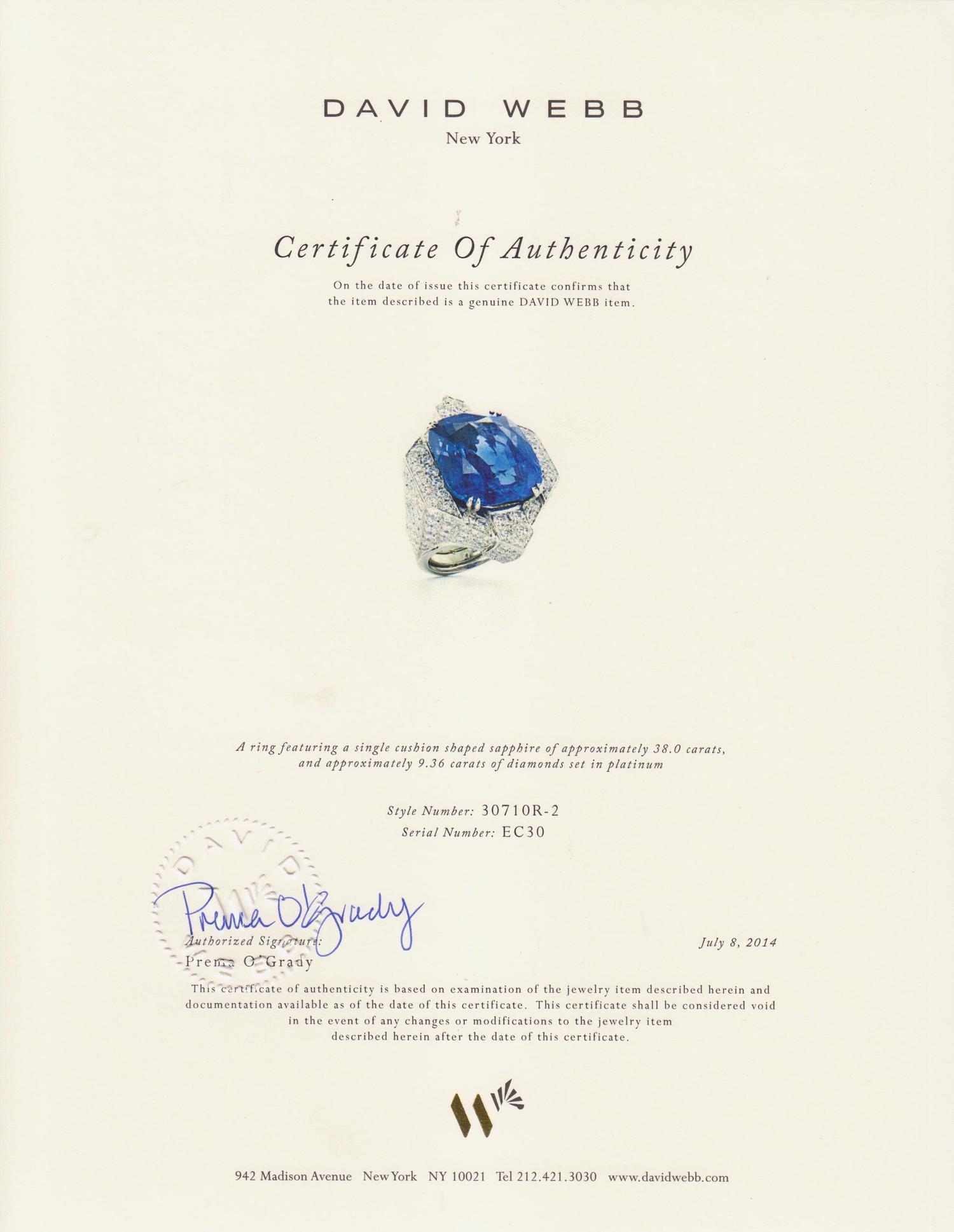 An Important Platinum, Gold, Sapphire and Diamond Ring, David Webb, 21.90 dwts.