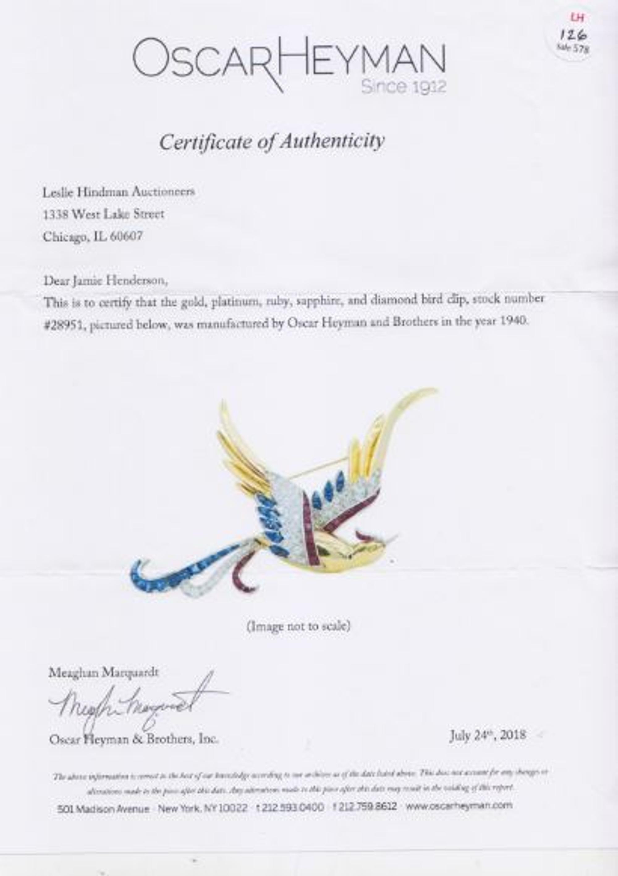 A Retro Yellow Gold, Platinum, Diamond, Ruby, Sapphire and Colored Diamond Bird Brooch, Oscar Heyman and Brothers, Circa 1940, 17.20 dw