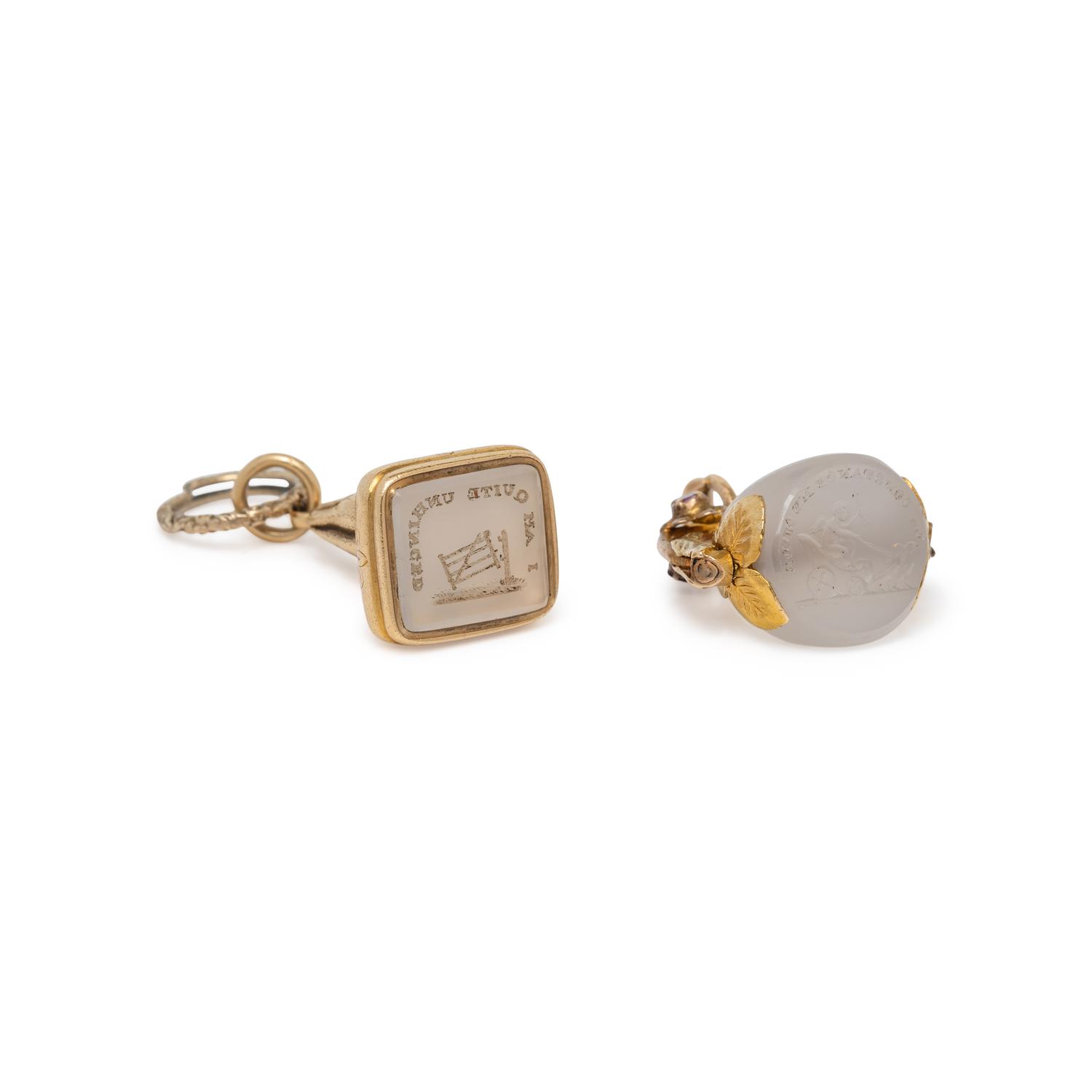 ANTIQUE, TWO YELLOW GOLD AND GEMSTONE FOBS