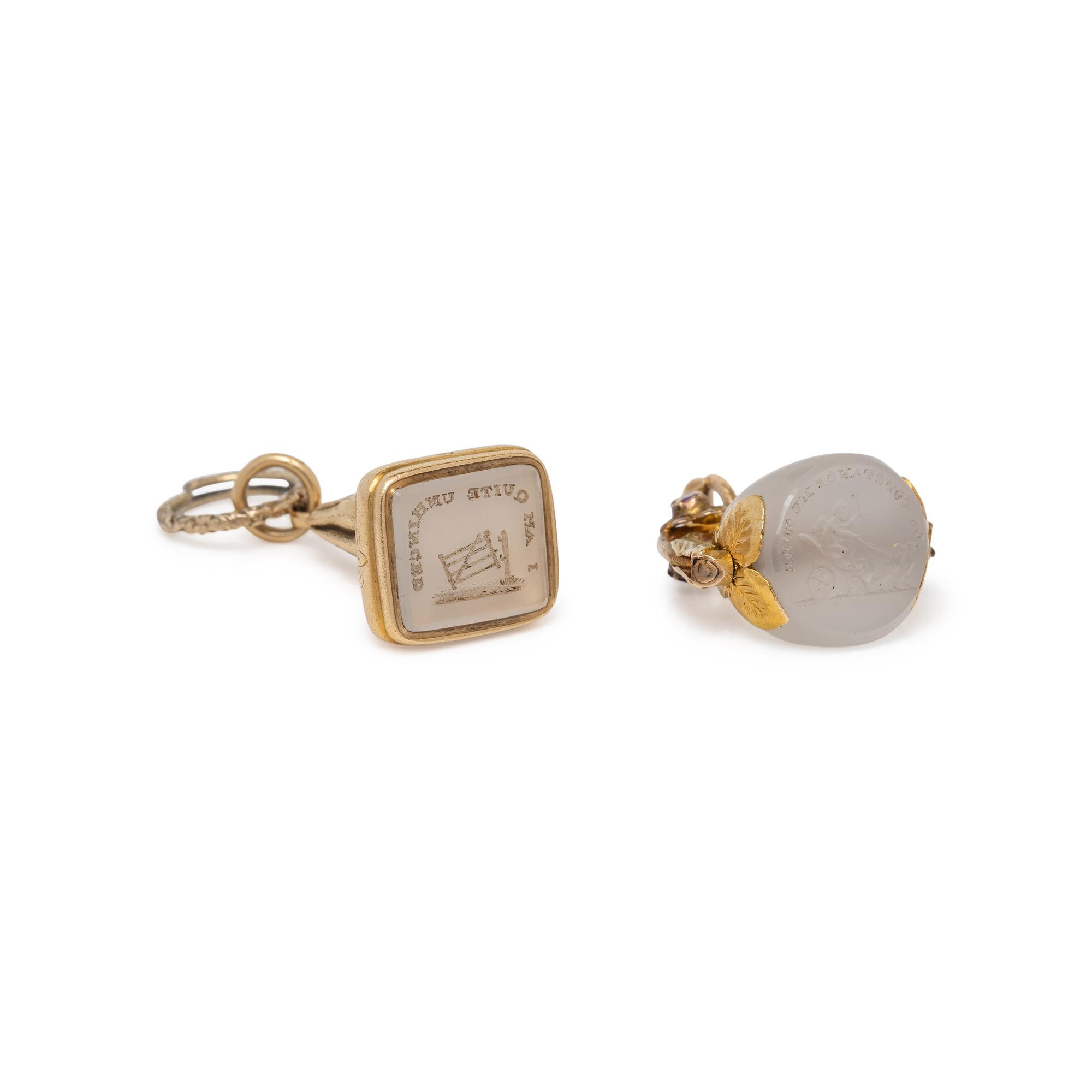 ANTIQUE, TWO YELLOW GOLD AND GEMSTONE FOBS