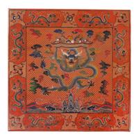A Pair of Chinese Red and Polychrome Lacquered Square Side Tables Height 40 inches. — 20TH CENTURY