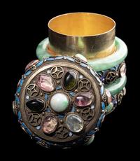 A Chinese Jadeite and Hardstone Inset Blue Enameled Silver Filigree Covered Box