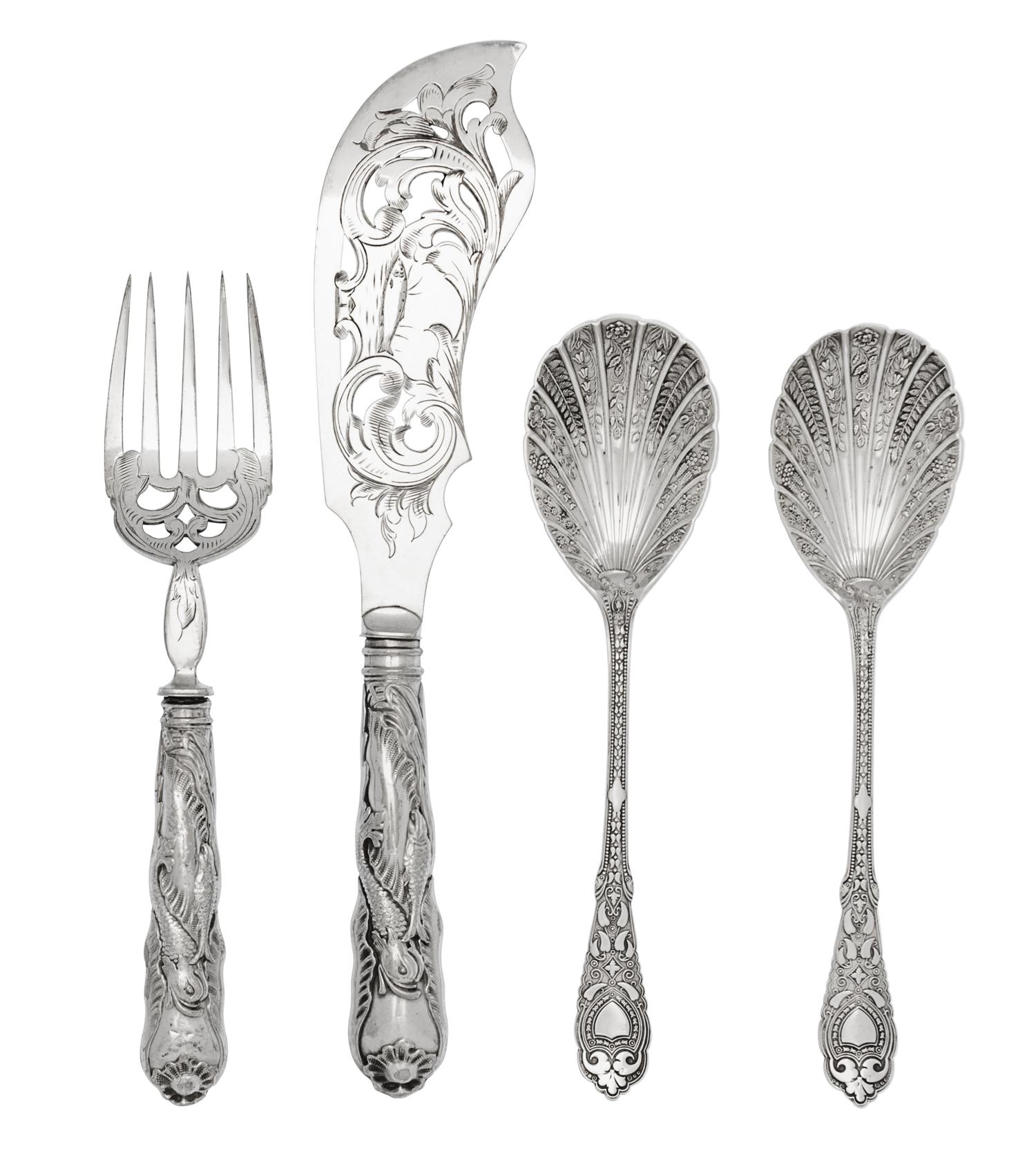 Two Cased Silver-Plate Serving Sets, 19th/20th Century, comprising a pair of spoons by Beardshaw & Co. and an unmarked fish set.