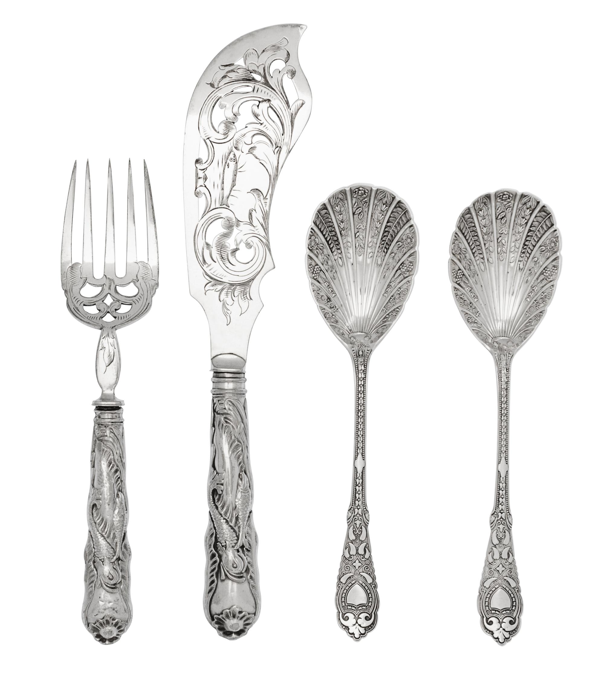 Two Cased Silver-Plate Serving Sets, 19th/20th Century, comprising a pair of spoons by Beardshaw & Co. and an unmarked fish set.