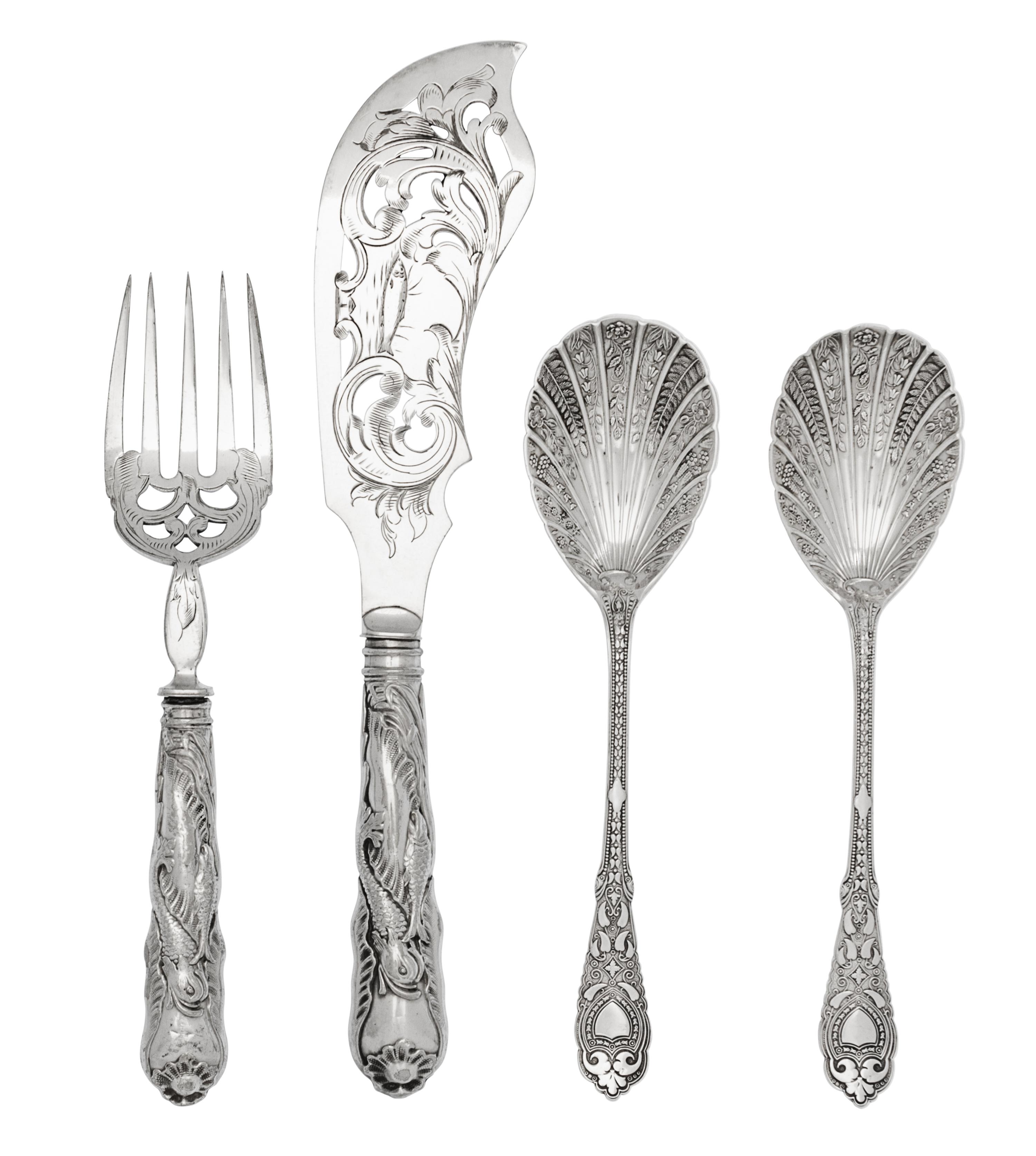 Two Cased Silver-Plate Serving Sets, 19th/20th Century, comprising a pair of spoons by Beardshaw & Co. and an unmarked fish set.