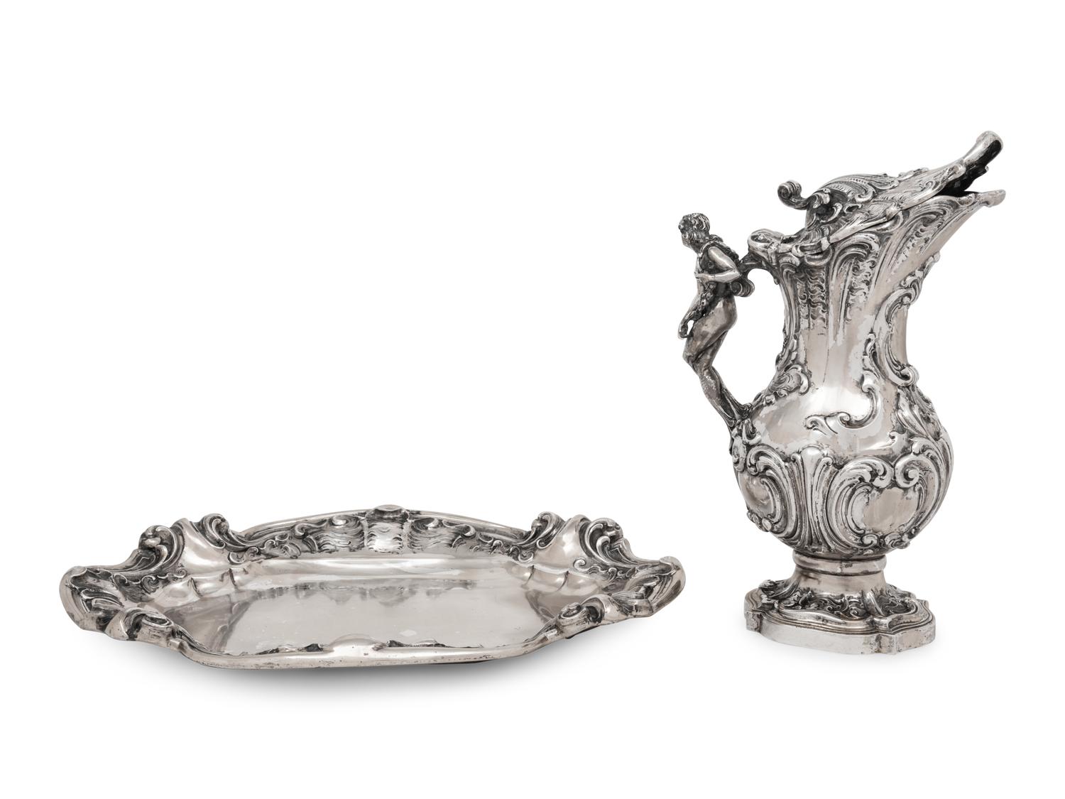 An Italian Art Nouveau Figural Water Pitcher with Tray