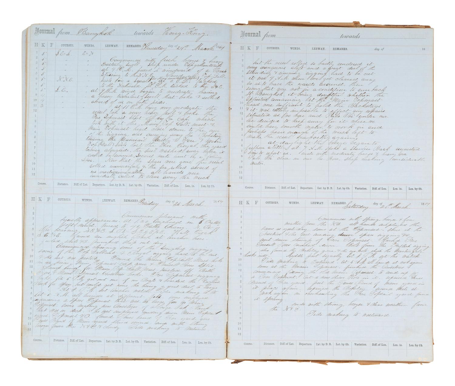 [MARITIME]. Log of the Barques Wavelet , Looling , and J.H. Wills documenting journeys in East Asia, ca 1862-1865. [ With: ] Notebook containing sea shanties and sketches of ships, ca 1862-63.