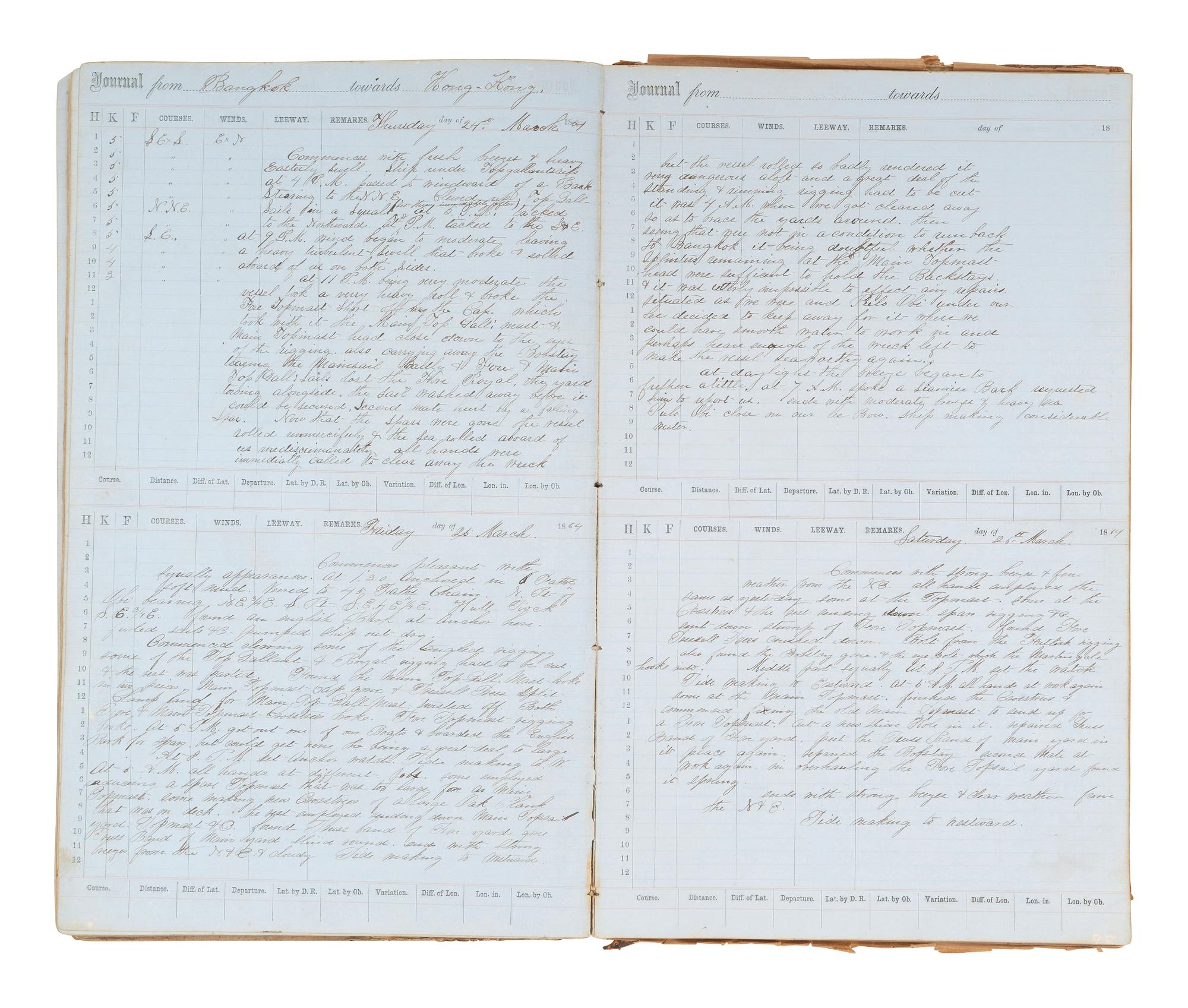 [MARITIME]. Log of the Barques Wavelet , Looling , and J.H. Wills documenting journeys in East Asia, ca 1862-1865. [ With: ] Notebook containing sea shanties and sketches of ships, ca 1862-63.