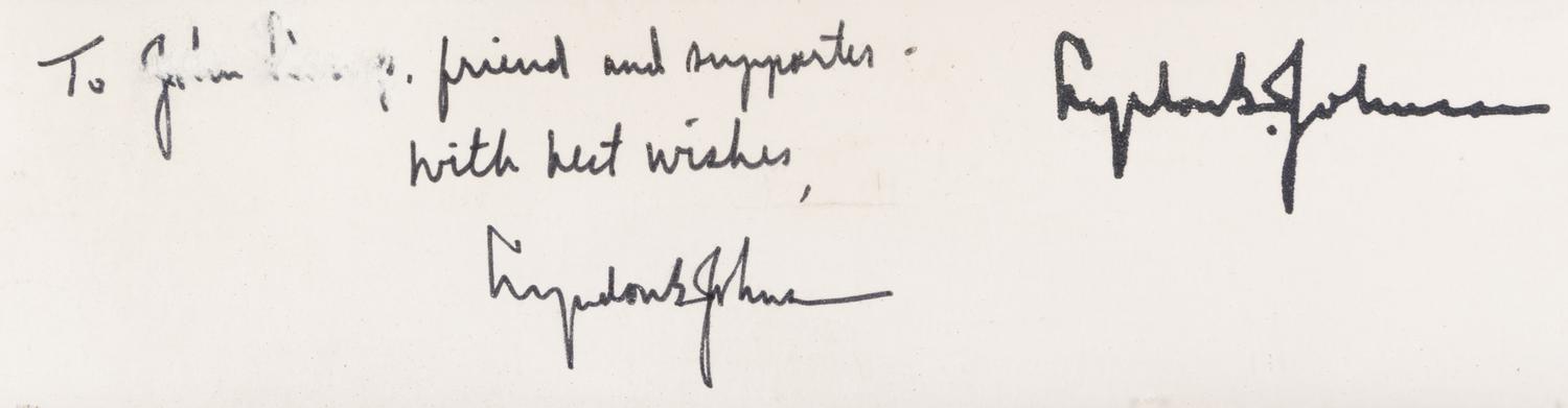 JOHNSON, LYNDON B. Large black and white photograph by Arnold Newman, signed and inscribed by Johnson. S.l., n.d.