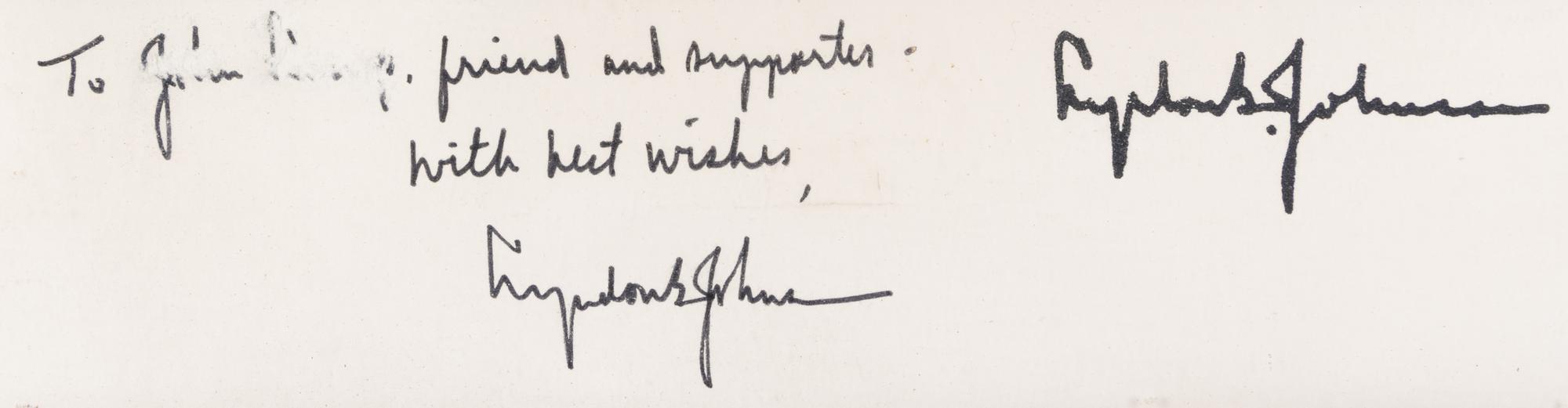 JOHNSON, LYNDON B. Large black and white photograph by Arnold Newman, signed and inscribed by Johnson. S.l., n.d.