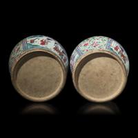 A Pair of Large Chinese Famille Rose Porcelain General Jars and Covers, Qing Dynasty — 清 粉彩開光人物故事圖將軍罐一對
