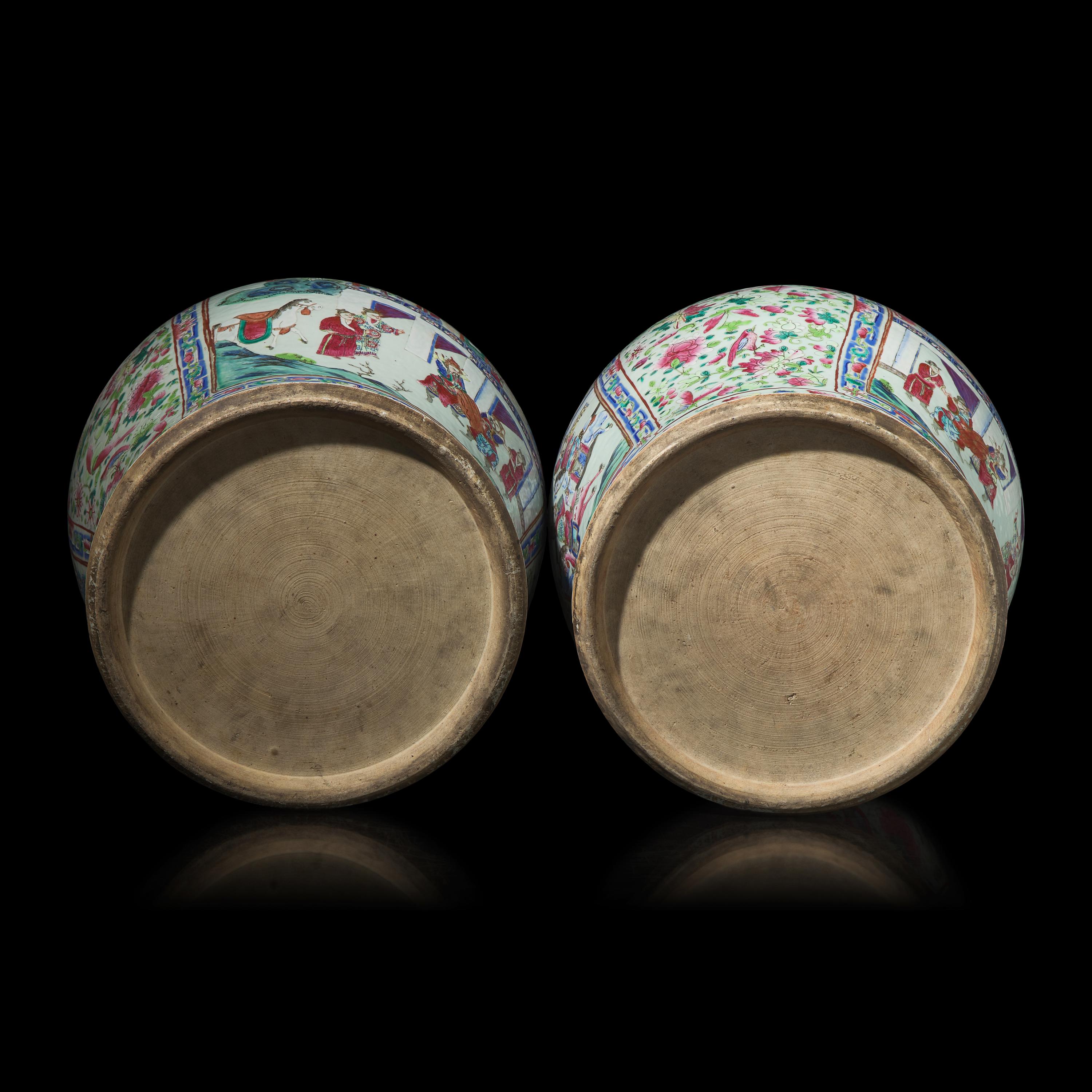 A Pair of Large Chinese Famille Rose Porcelain General Jars and Covers, Qing Dynasty — 清 粉彩開光人物故事圖將軍罐一對