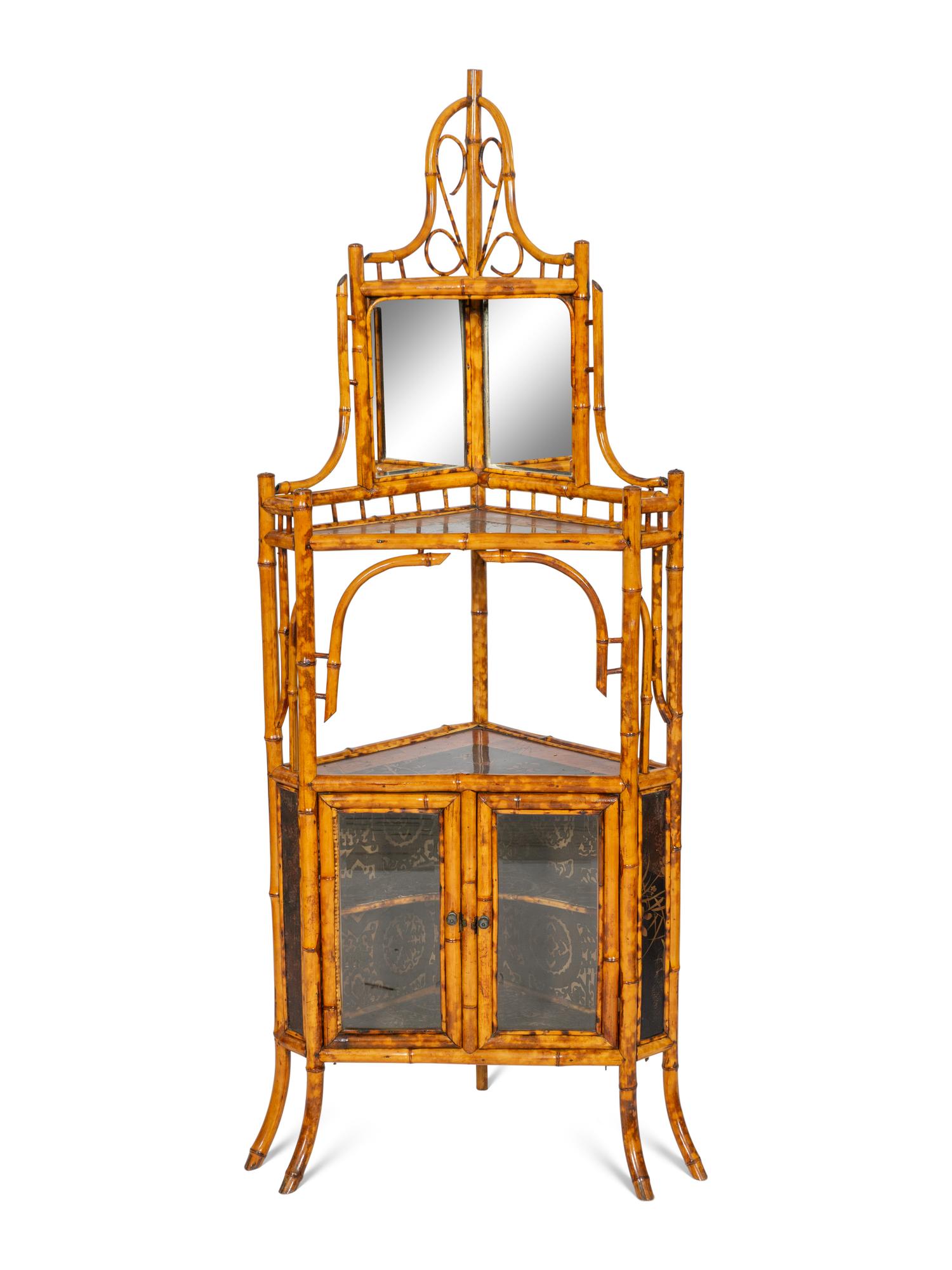An Edwardian Chinoiserie Decorated Bamboo Corner Cabinet