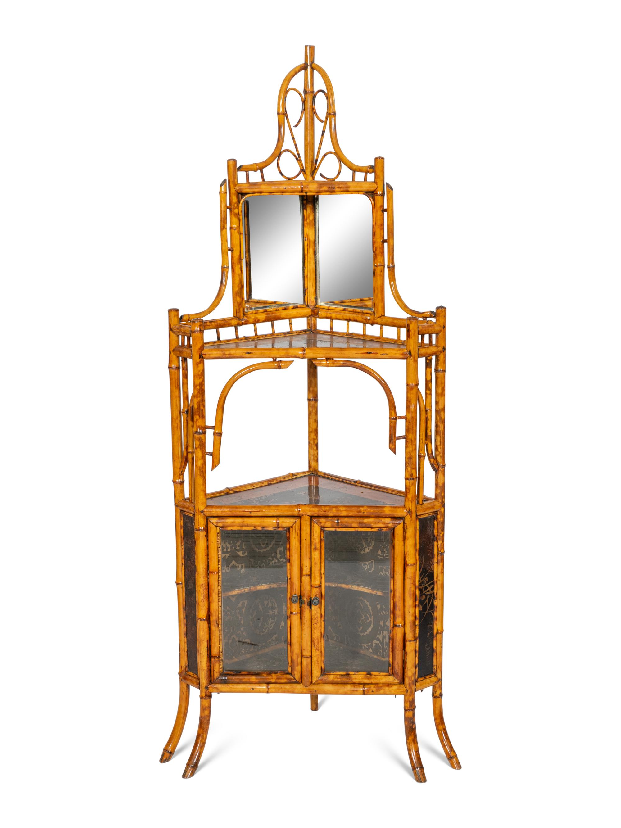 An Edwardian Chinoiserie Decorated Bamboo Corner Cabinet