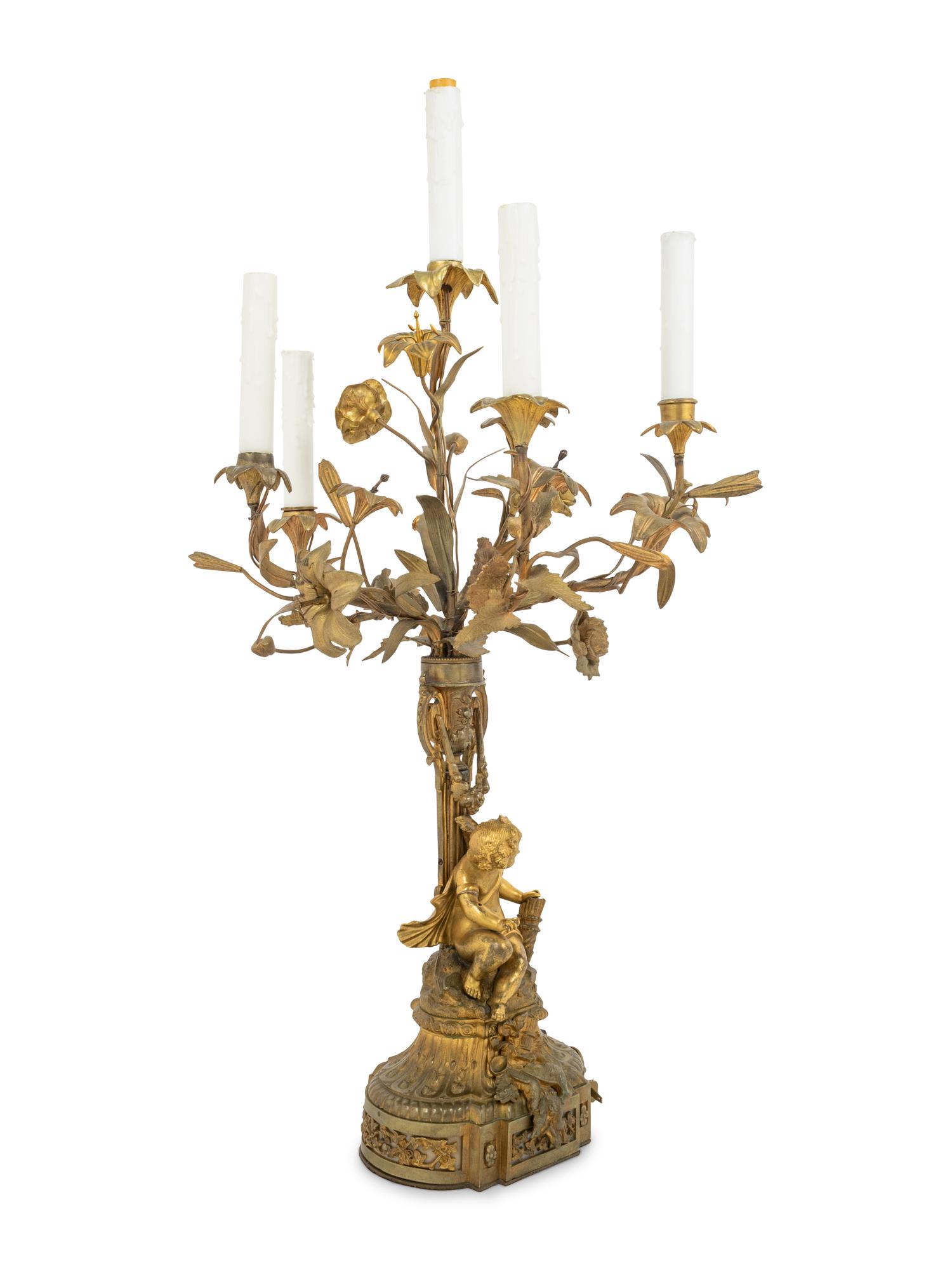 A Continental Gilt Bronze, Marble and Tôle Six-Light Candelabrum Mounted as a Lamp