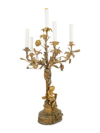 A Continental Gilt Bronze, Marble and Tôle Six-Light Candelabrum Mounted as a Lamp