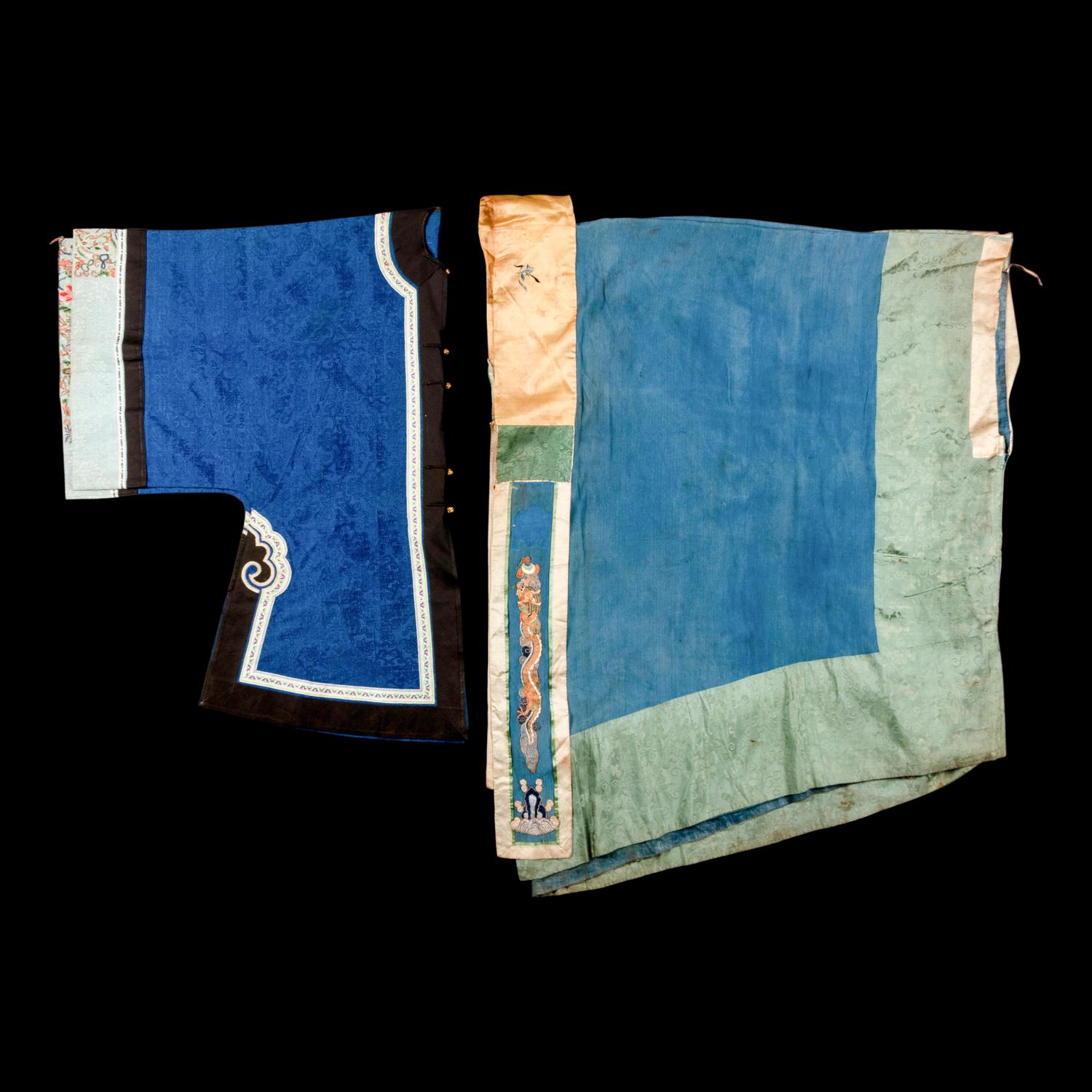 Two Chinese Blue Ground Silk Robes, Late Qing Dynasty 清晚期 藍地盤金繡游龍瑞獸纹道袍及藍地織錦女褂