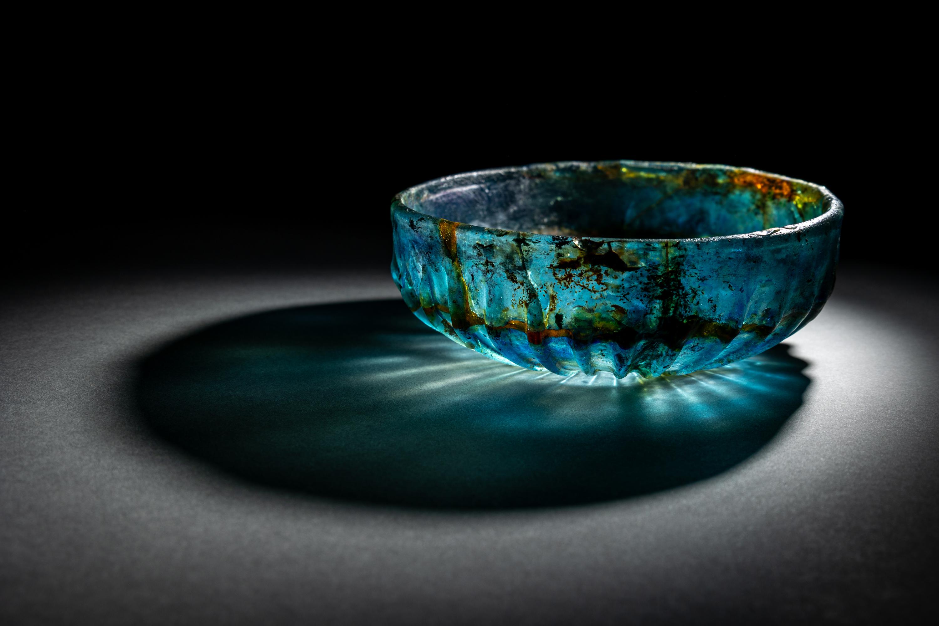 A Roman Blue Glass Ribbed Bowl