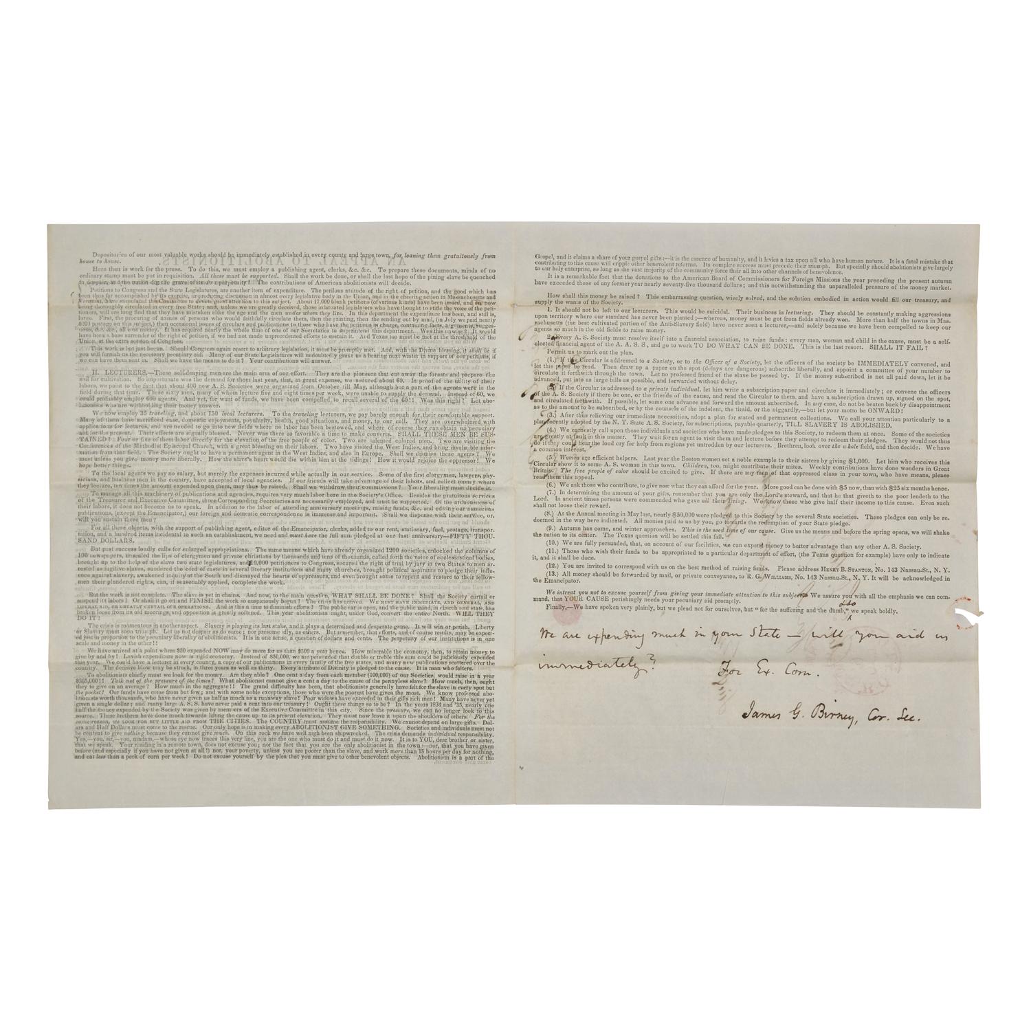 [African-Americana] Birney, James G. Signed Printed Circular of the American Anti-Slavery Society