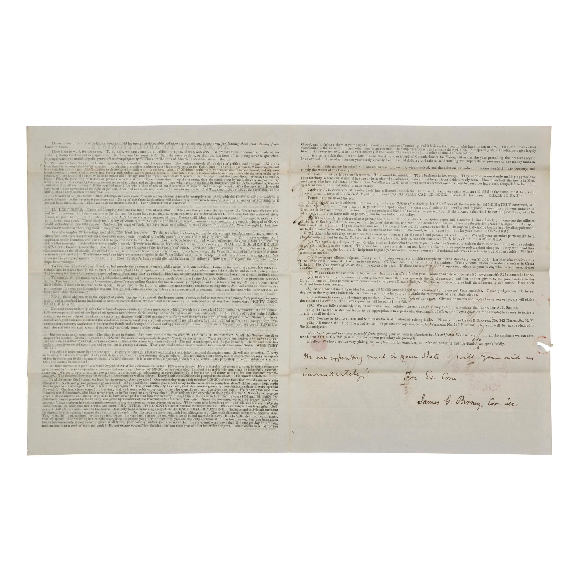 [African-Americana] Birney, James G. Signed Printed Circular of the American Anti-Slavery Society
