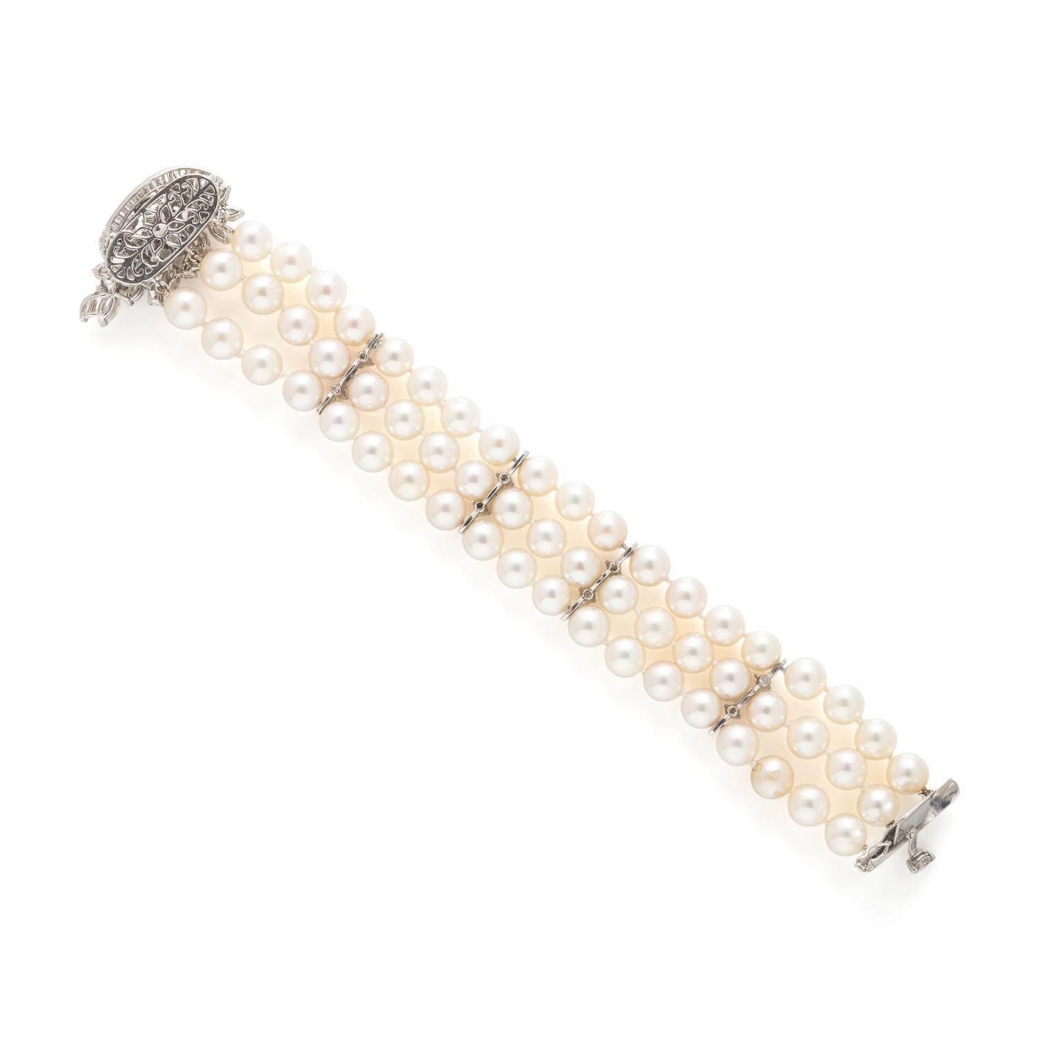 Cultured Pearl, Diamond, and Platinum Bracelet