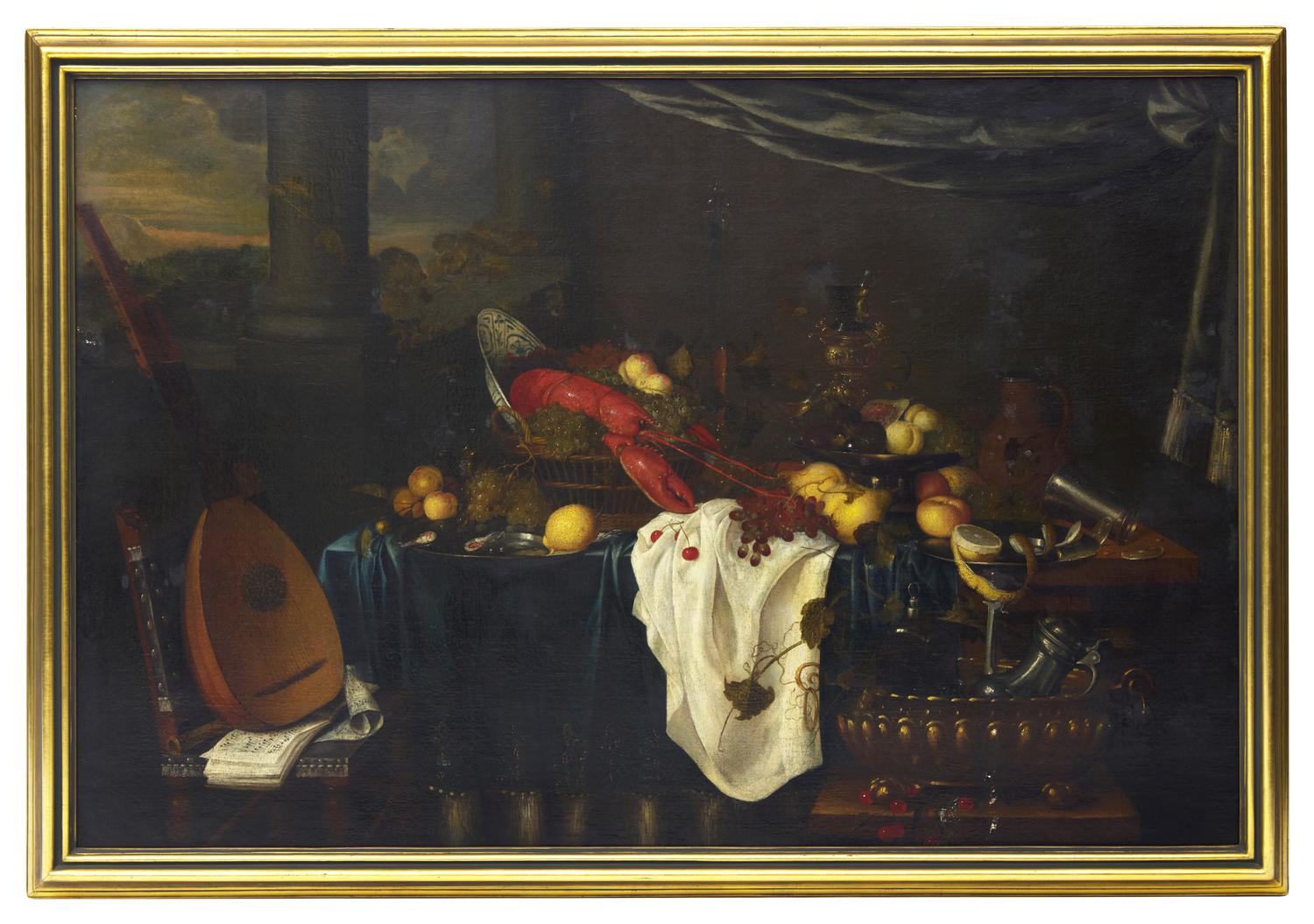 Flemish School (17th Century) — Tabletop Still Life with Lobster, Lemons, Grapes, a Lute, and Tankards, 1648