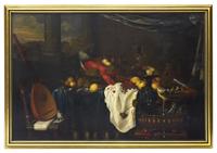 Flemish School (17th Century) — Tabletop Still Life with Lobster, Lemons, Grapes, a Lute, and Tankards, 1648