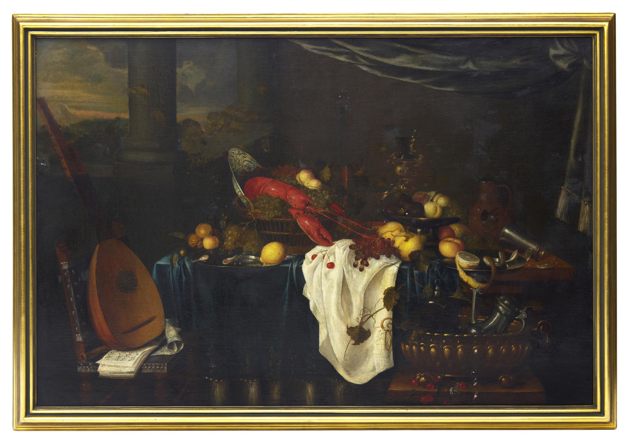 Flemish School (17th Century) — Tabletop Still Life with Lobster, Lemons, Grapes, a Lute, and Tankards, 1648