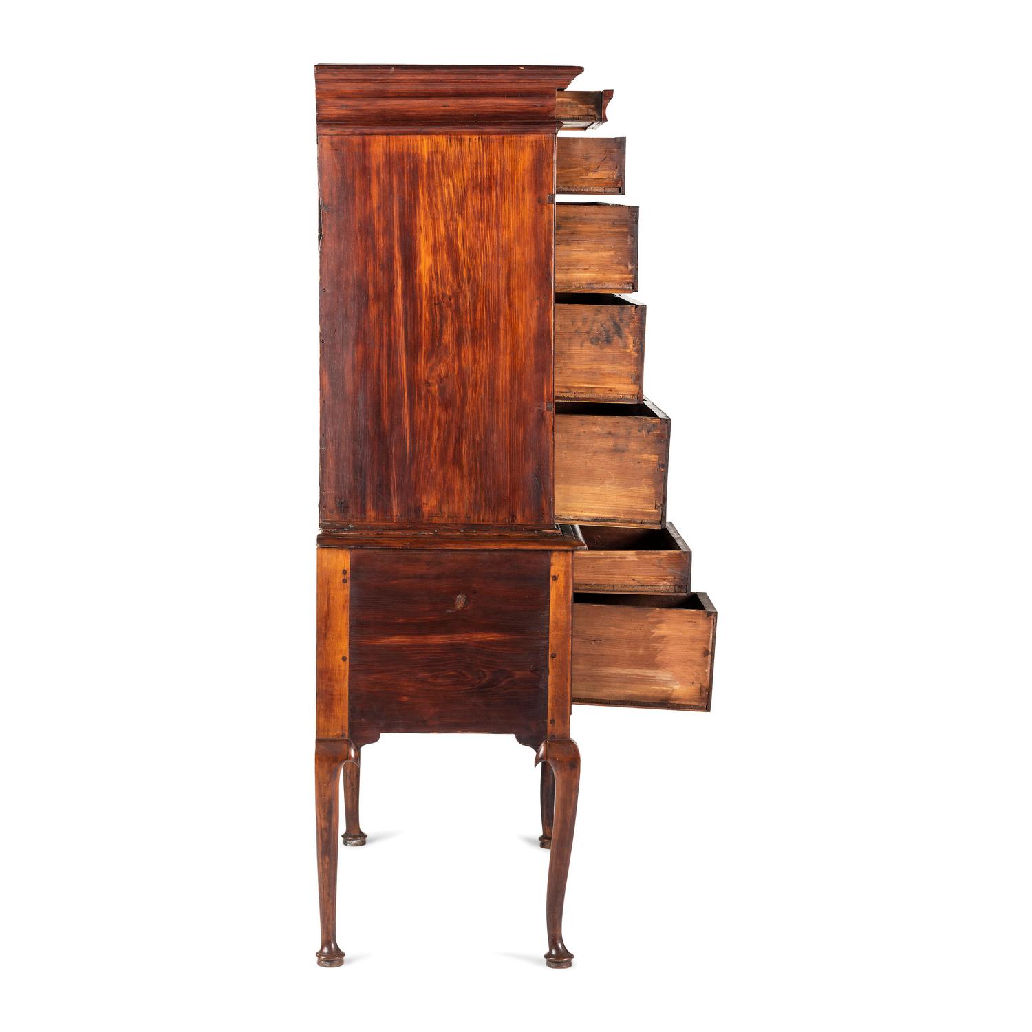 A Queen Anne Cherrywood and Maple Flat Top High Chest with Cornice Drawer