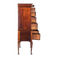 A Queen Anne Cherrywood and Maple Flat Top High Chest with Cornice Drawer