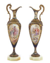 A Pair of Gilt Metal Mounted and Champleve Sevres Style Porcelain Ewers Height 16 1/2 inches. — LATE 19TH CENTURY
