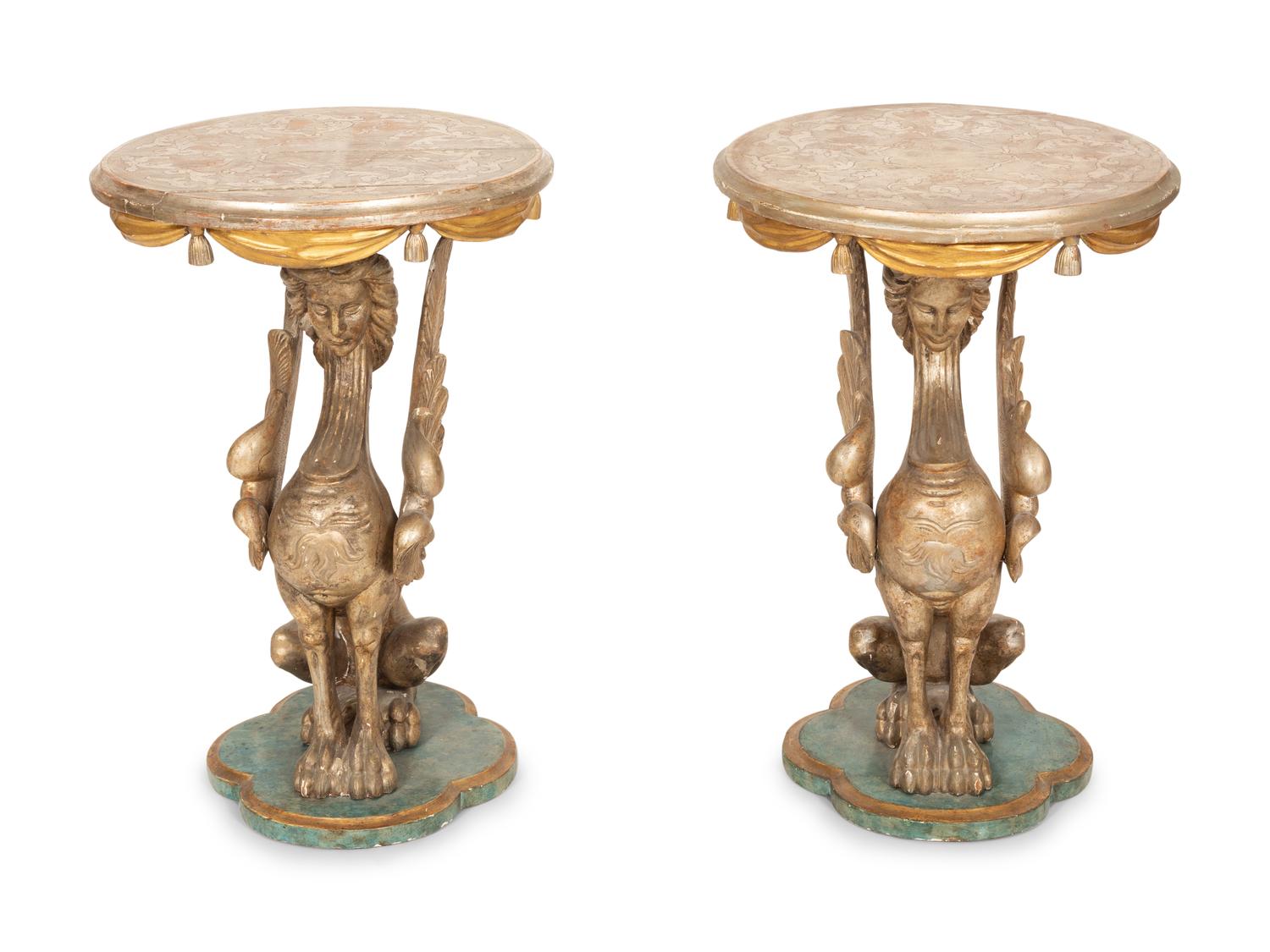 A Pair of Italian Painted and Parcel Gilt Figural Side Tables