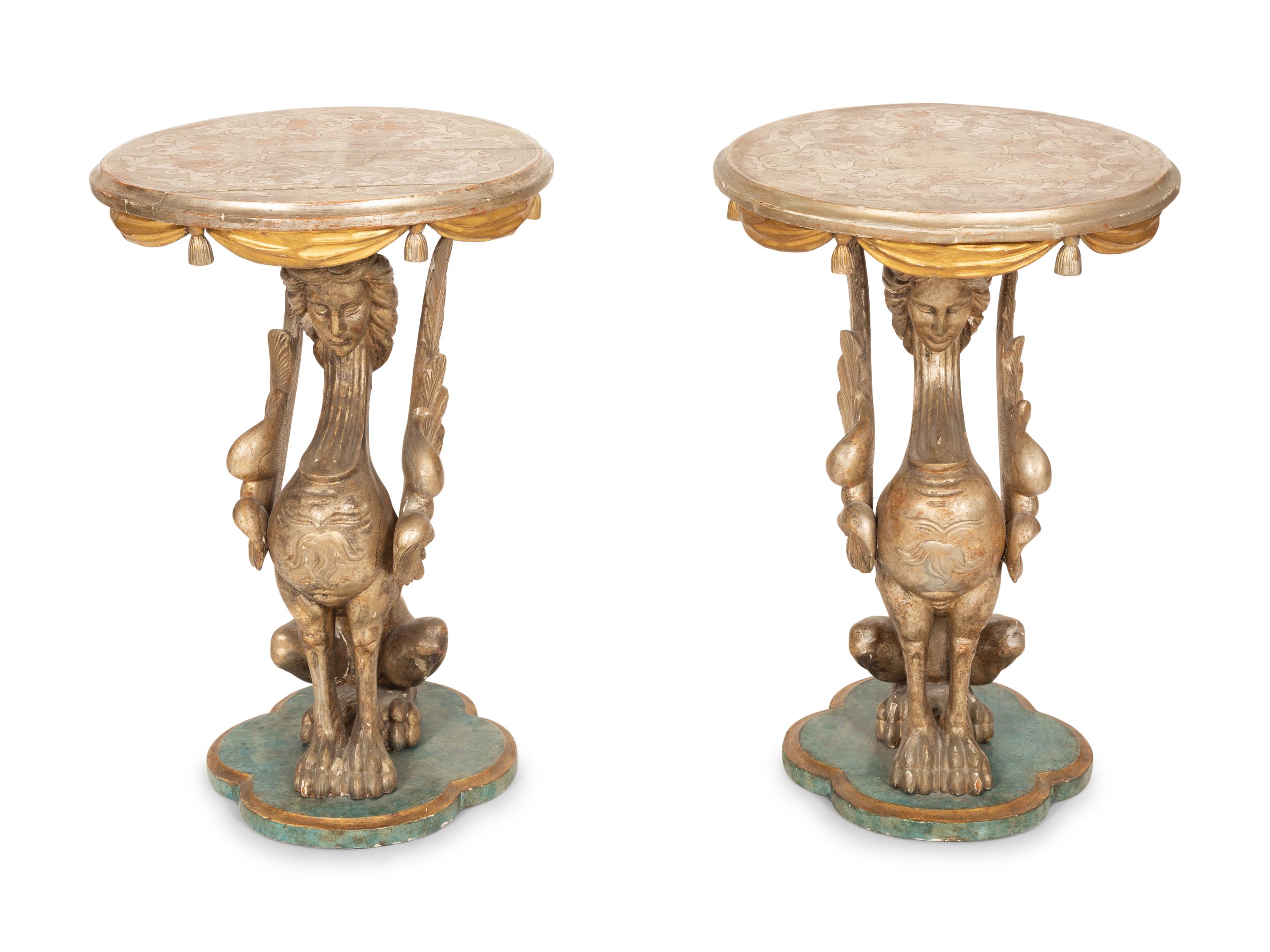 A Pair of Italian Painted and Parcel Gilt Figural Side Tables