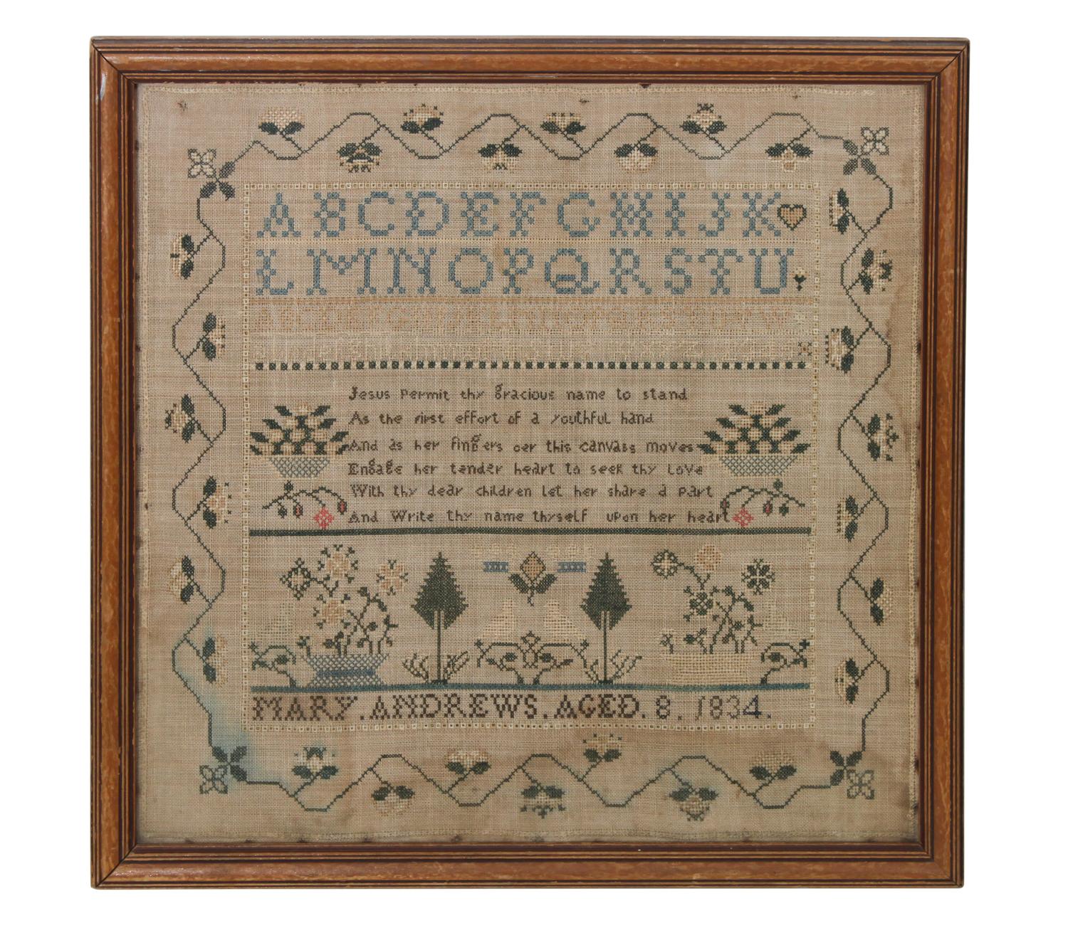 An American Needlework Sampler 16 3/4 x 17 1/2 inches — CIRCA 1834