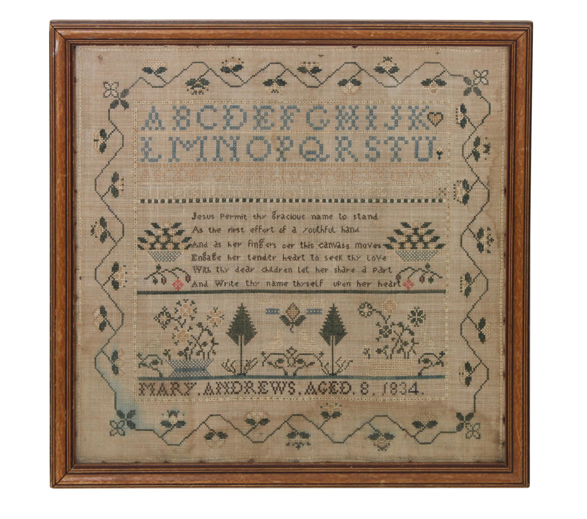 An American Needlework Sampler 16 3/4 x 17 1/2 inches — CIRCA 1834