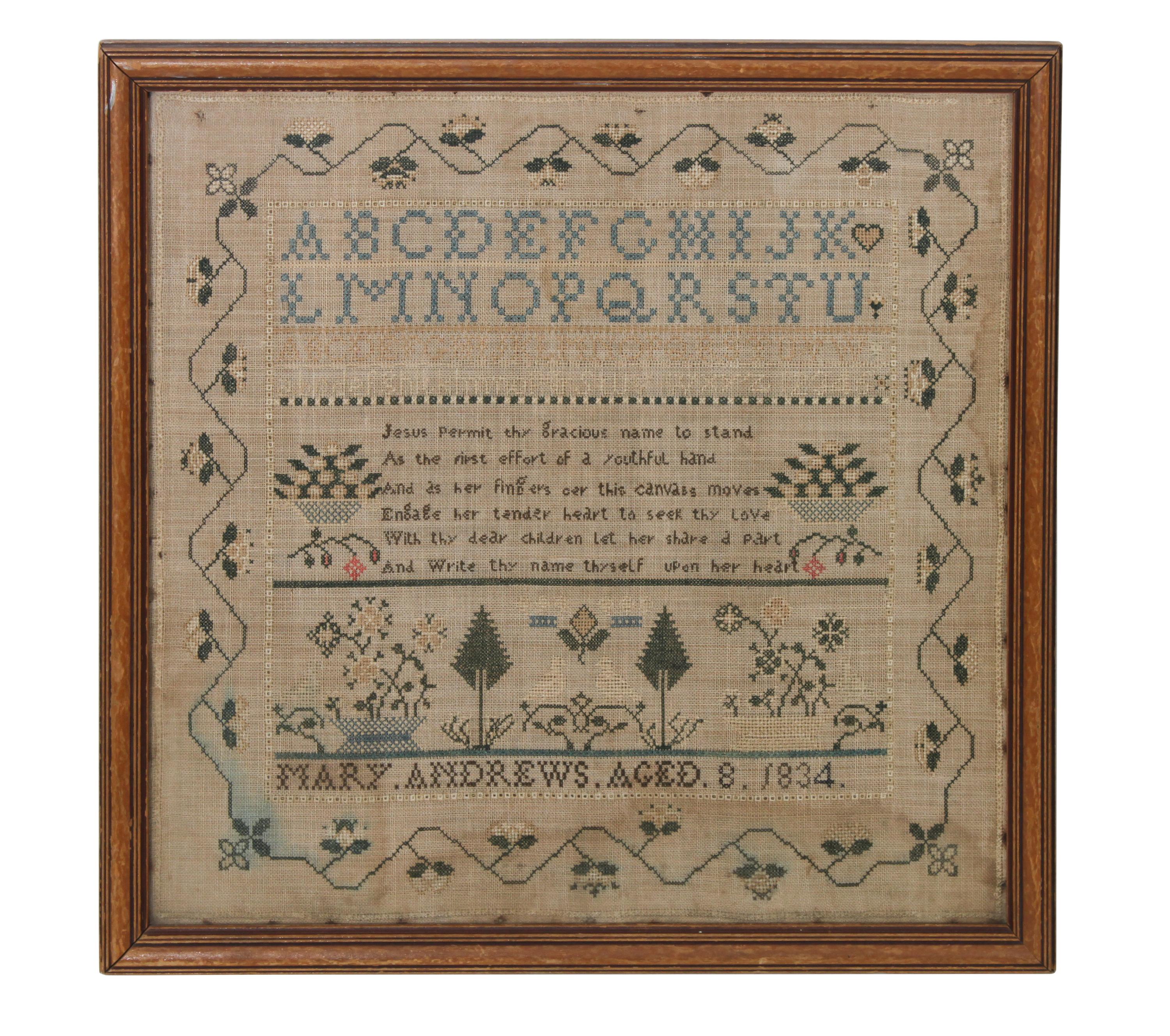 An American Needlework Sampler 16 3/4 x 17 1/2 inches — CIRCA 1834
