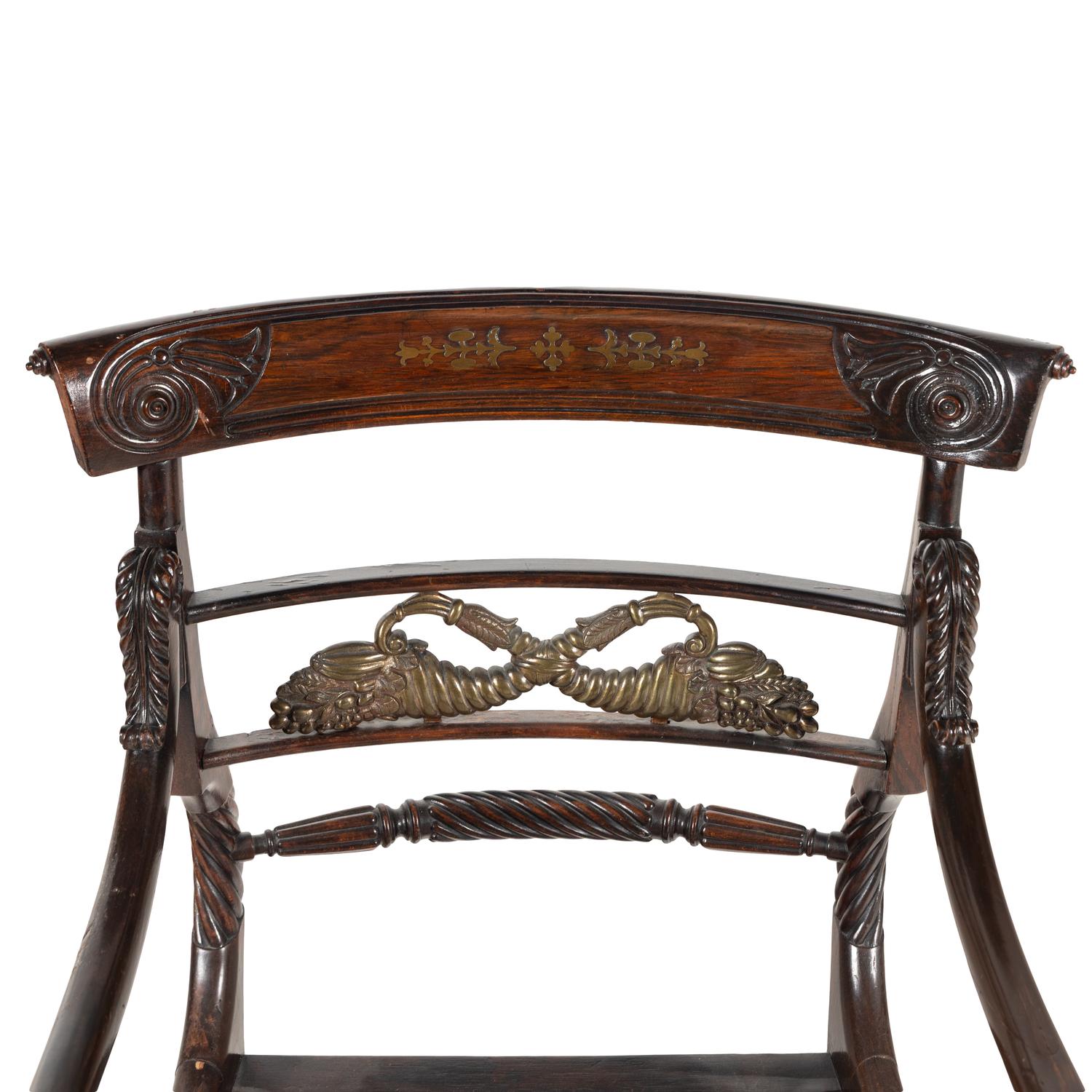 A Regency Rosewood, Mahogany and Brass Armchair
