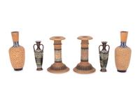 A Group of Doulton Lambeth Stoneware Vases and a Pair of Candlesticks