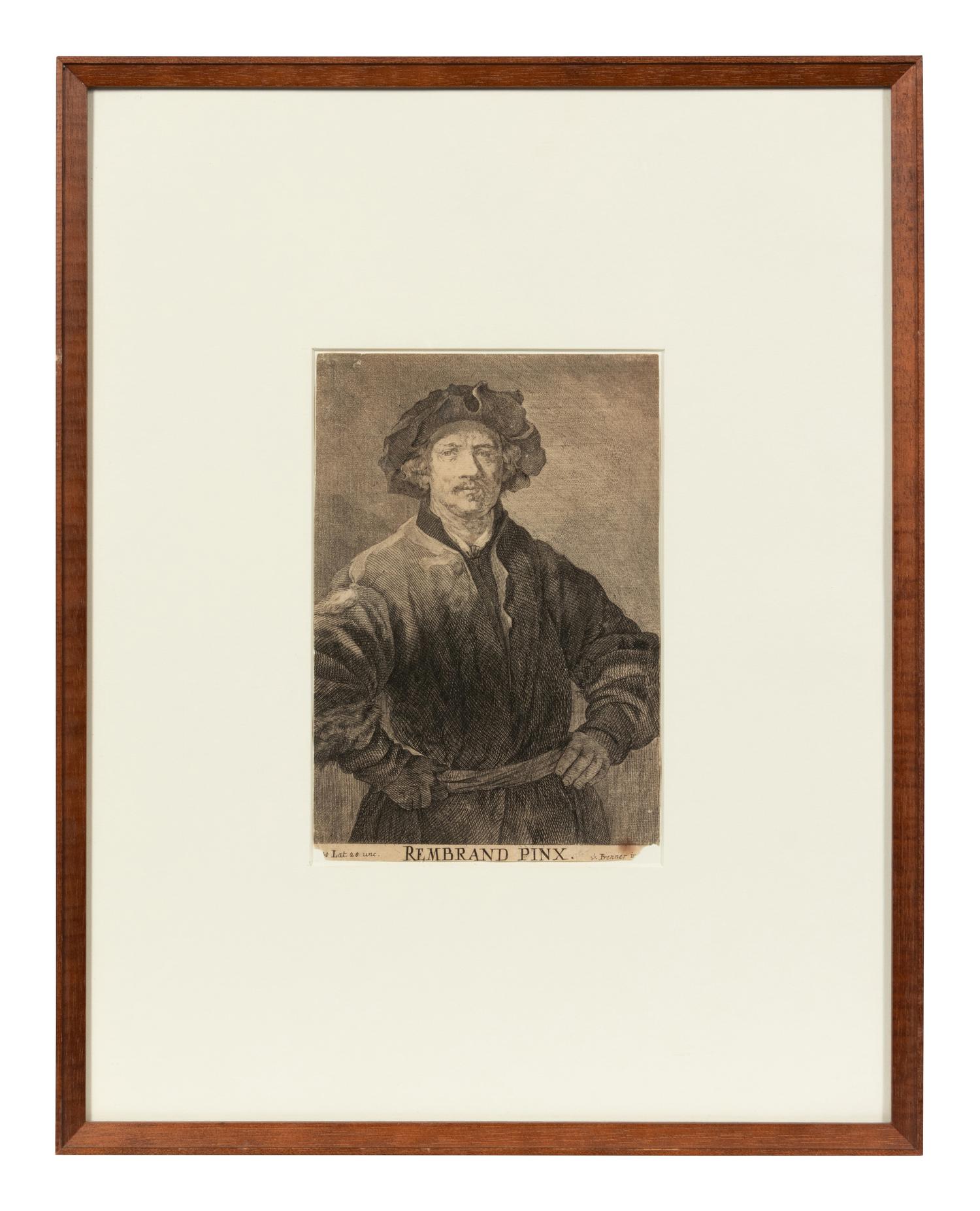 A group of four European engravings depicting Rembrandt, John Calvin, Johann Frederick I, and an unknown sitter