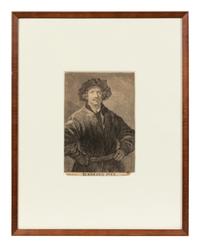 A group of four European engravings depicting Rembrandt, John Calvin, Johann Frederick I, and an unknown sitter