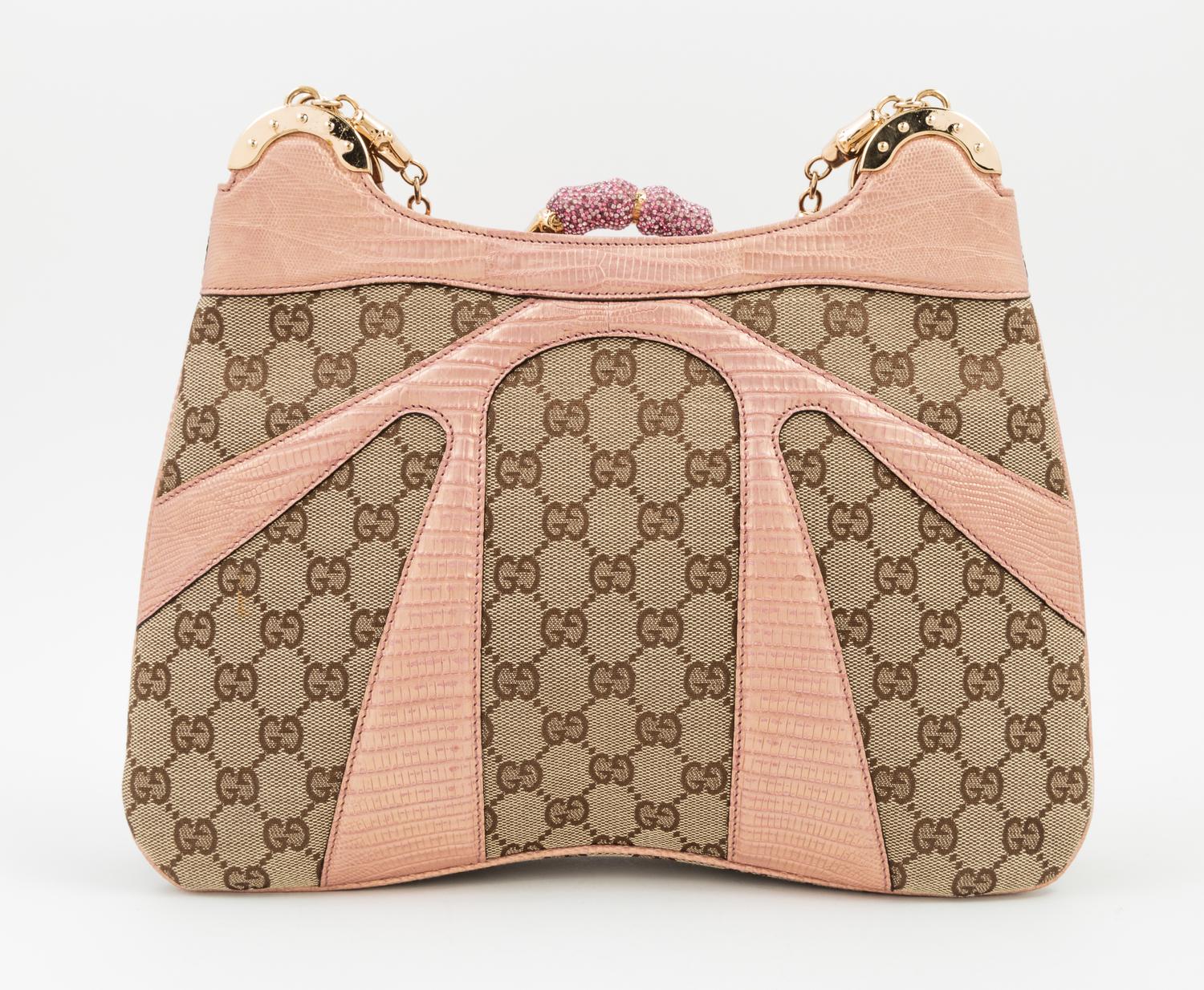 A Gucci Monogram Canvas and Pink Python Handbag, 12" x 8.5" x 1"; Strap drop: 8".