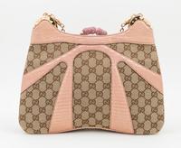 A Gucci Monogram Canvas and Pink Python Handbag, 12" x 8.5" x 1"; Strap drop: 8".