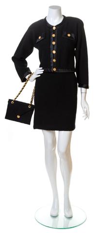 An Adolfo Black Knit Skirt Ensemble, No size. Handbag: 8'' x 6.5''; Strap drop: 10''.